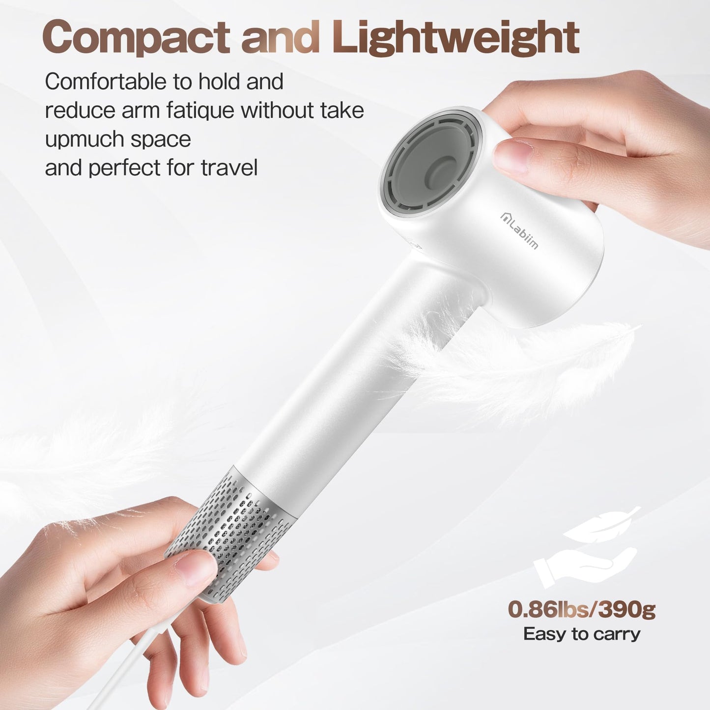 Labiim Hair Dryer, High-Speed Ionic Low Noise Blow Dryer with Brushless Motor for Fast Drying, Thermo-Control Quiet Compact Hair Blow Dryer, Hairdryer with 1 Nozzle Attachments for Home Salon Travel