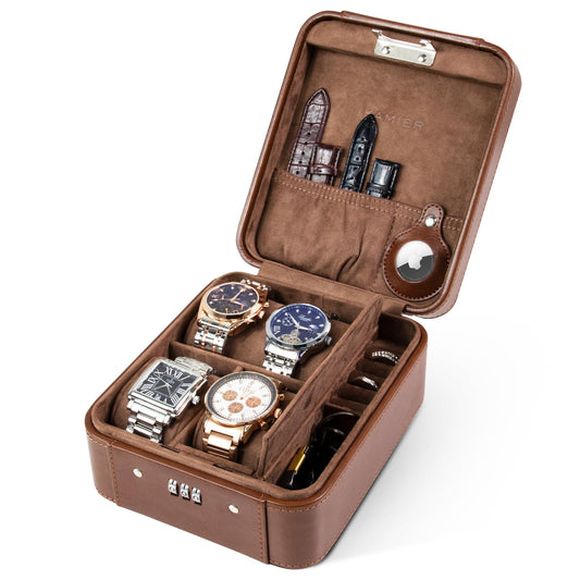 KAMIER Watch Case with Combination Lock - 4 Watch Storage and Jewelry Organizer - Watch Travel Case for Ring and Watch Storage, PU Leather Travel Watch Case, Ideal for Gift (With Gift Box), Brown