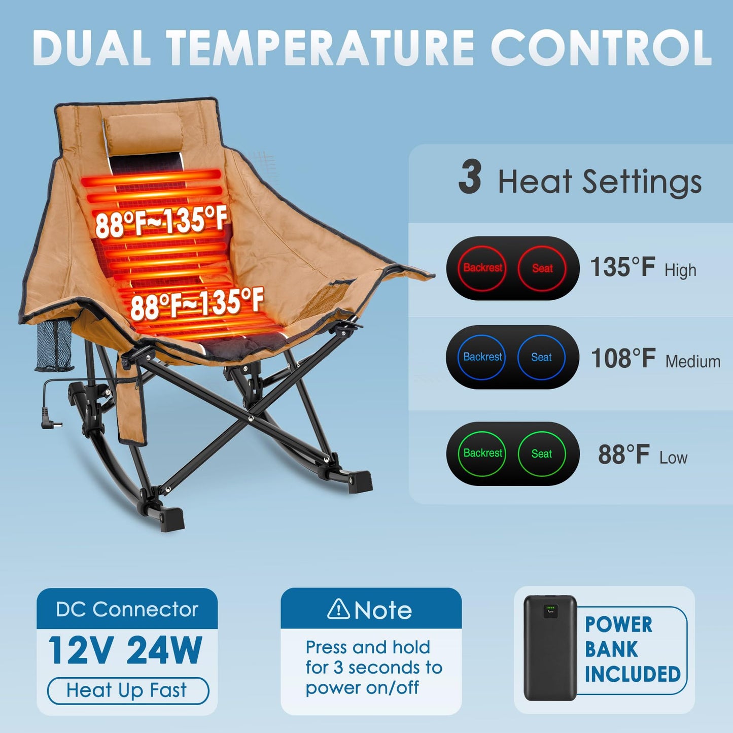 Suteck Heated Rocking Camping Chair, XL Oversized Rocking Chair Outdoor with 3 Heat Levels for Back and Seat, Heated Chairs Outdoor Sports W/20,000mAh Power Bank for Patio Lawn Picnic Travel