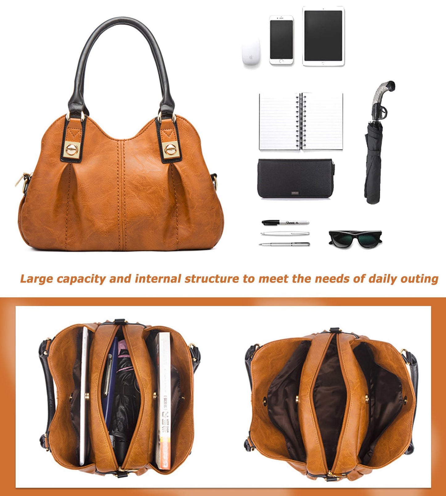 KingTo 4pcs Purses Retro Tote Handbags for Women Stylish Shoulder Bags Soft Top Handle Satchel Set (Black)