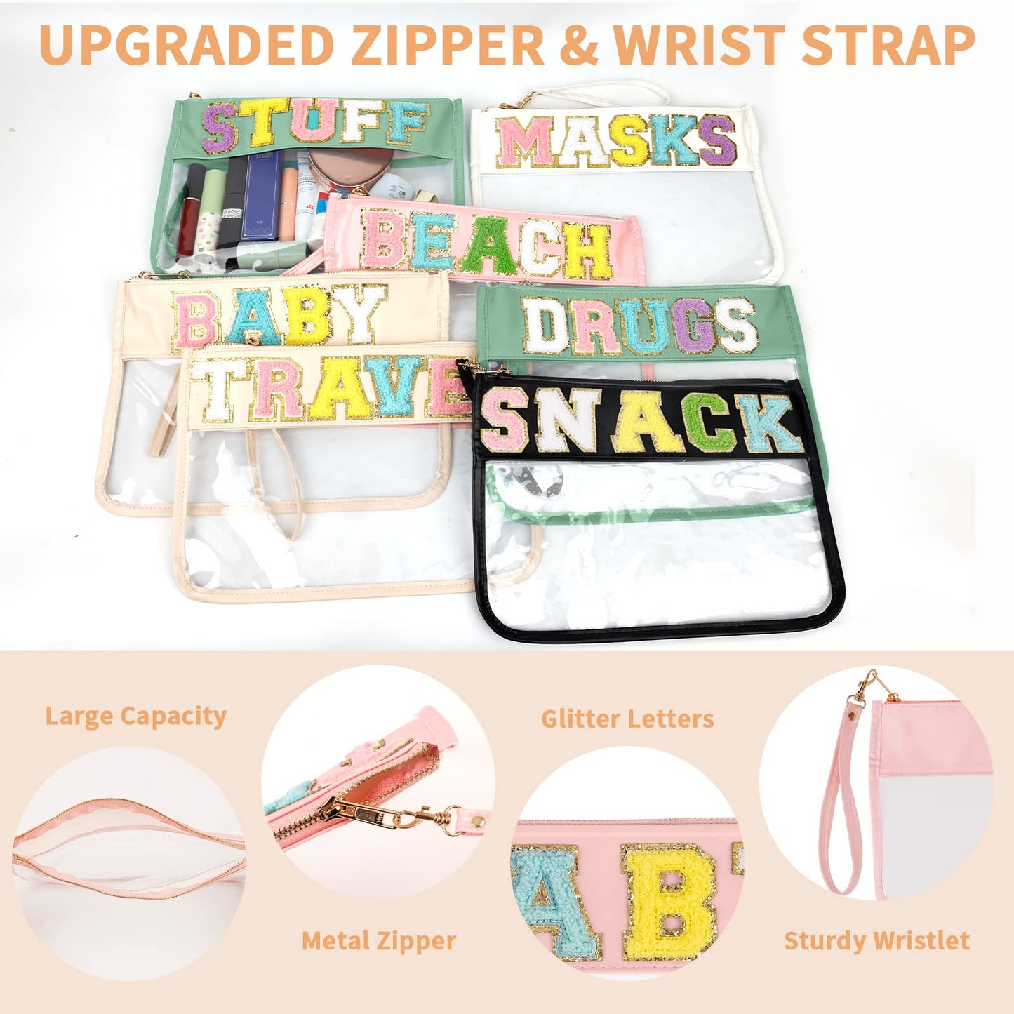 Iqimott Monogram Letter Clear Bag Purse, Chenille Glitter Letter Makeup Cosmetic Bag Patch Zipper Toiletry Pouch, Portable Travel Beach Snack Wristlet Bag for Women Girls(Baby, Pink)