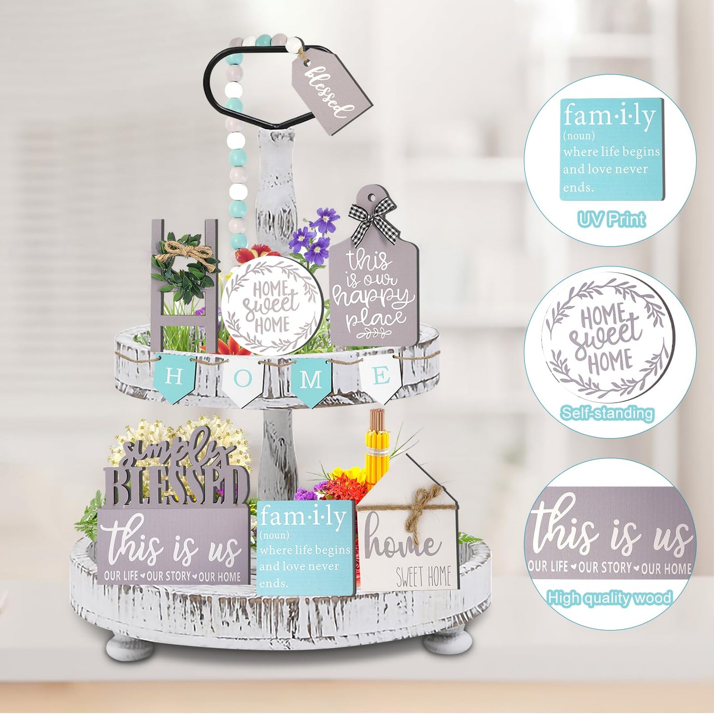 13 Pcs Farmhouse Tiered Tray Decor Set, Kitchen Table Decorations with String Lights, Home Rustic Wooden Signs Decorative for Centerpiece Table Bar Housewarming