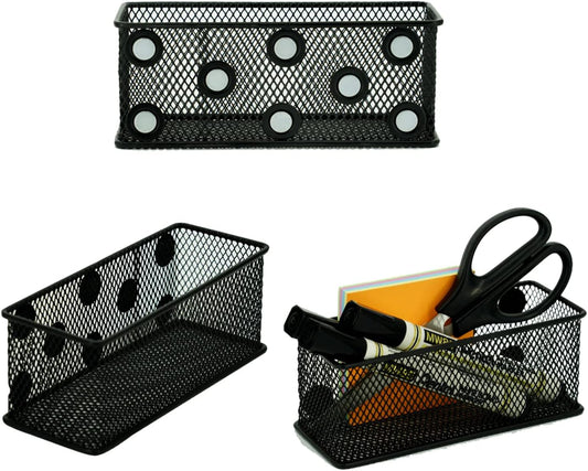 Magnetic Locker Organizer and Accessories，Wire Mesh Magnetic Storage Basket ,Magnetic Holder for Dry Erase Markers,Strong Magnet Pen Holder for Fridge School,Pack 3 (Black)