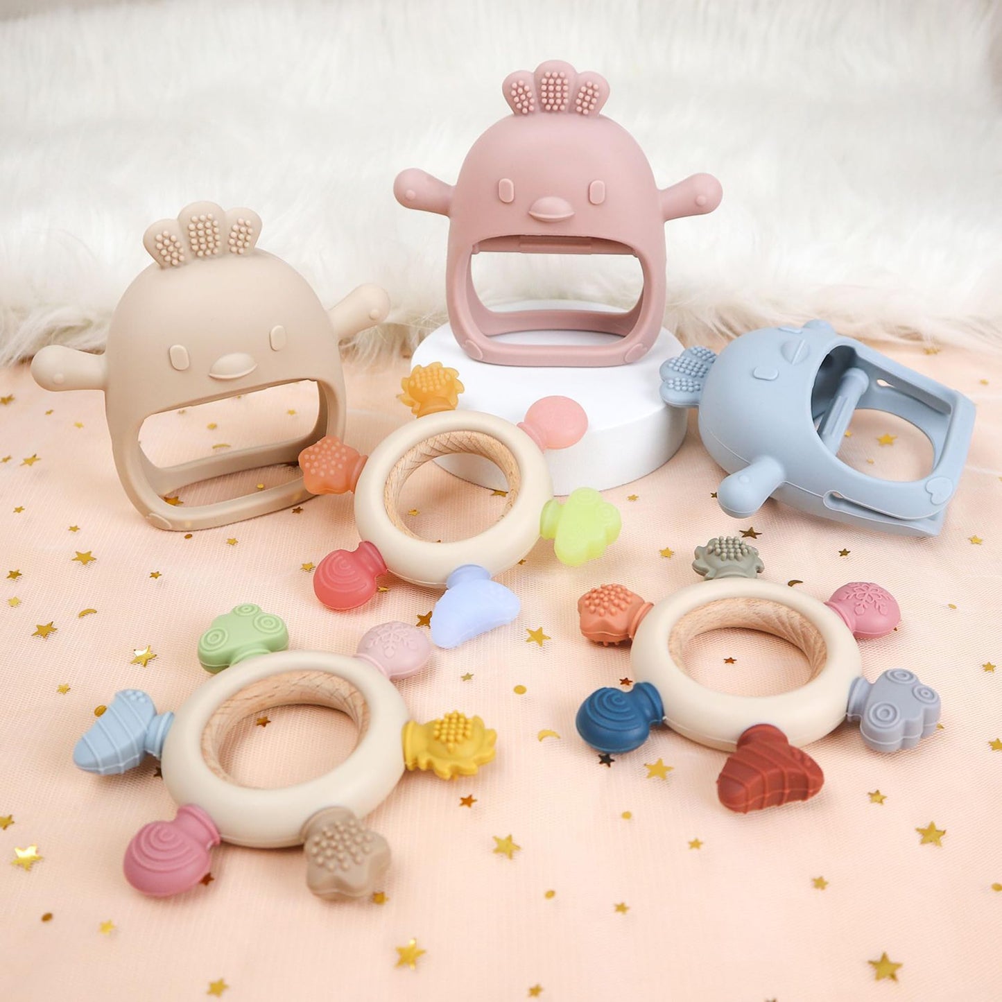 Komfy LilLove 2 Pack Baby Teething Toys for 0-6 & 6-12 Months, Food Grade Silicone Teething Mitten No Drop Teether and Ring Teether, BPA Free, One-Piece, CPC Certified Baby Chew Toys for Sucking Needs