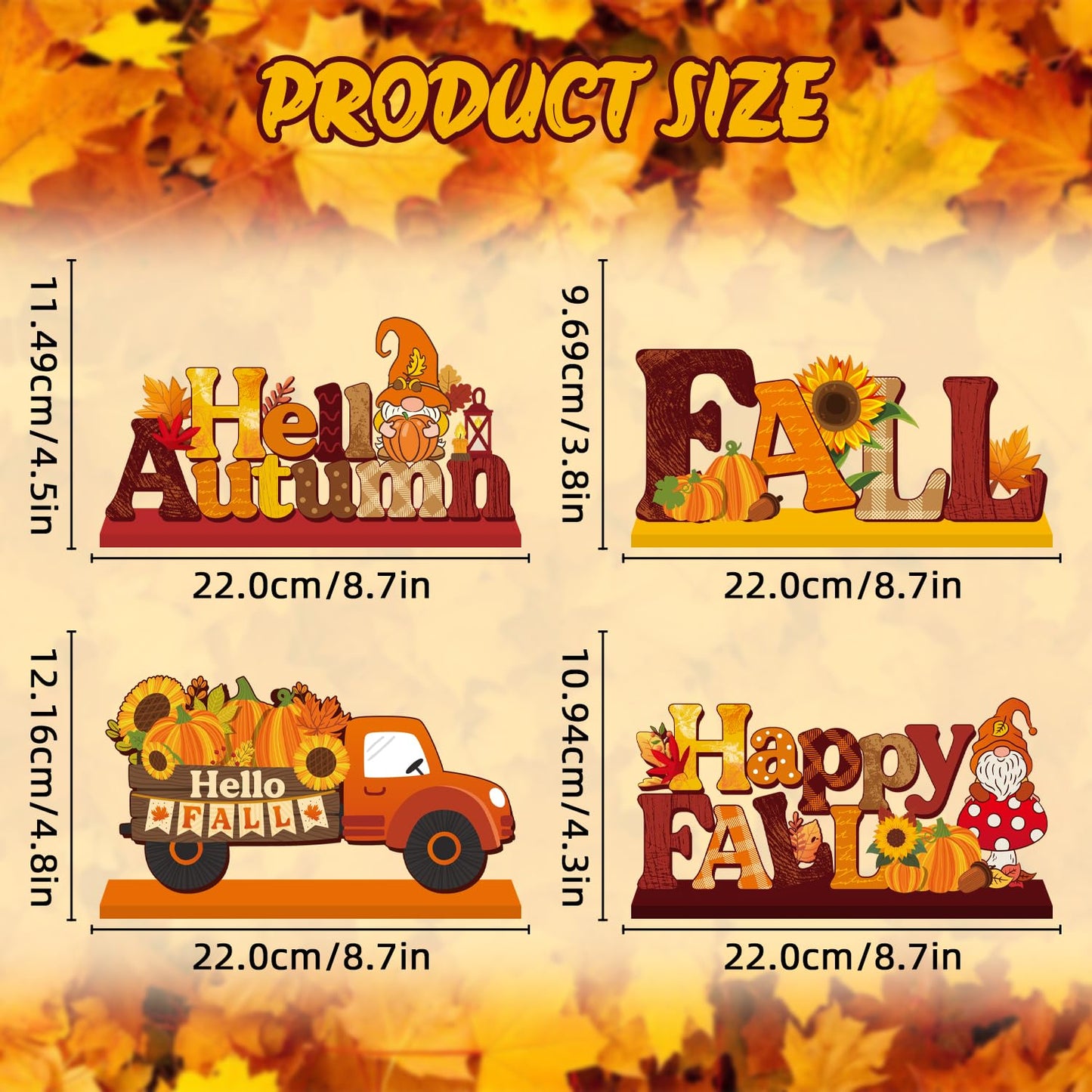 CHYAGCLT 4Pcs Fall Decorations, Autumn Wooden Table Centerpieces Pumpkin Truck Sunflower Maple Gnomes Style Fall Table Decor for Autumn Harvest Thanksgiving Decorations