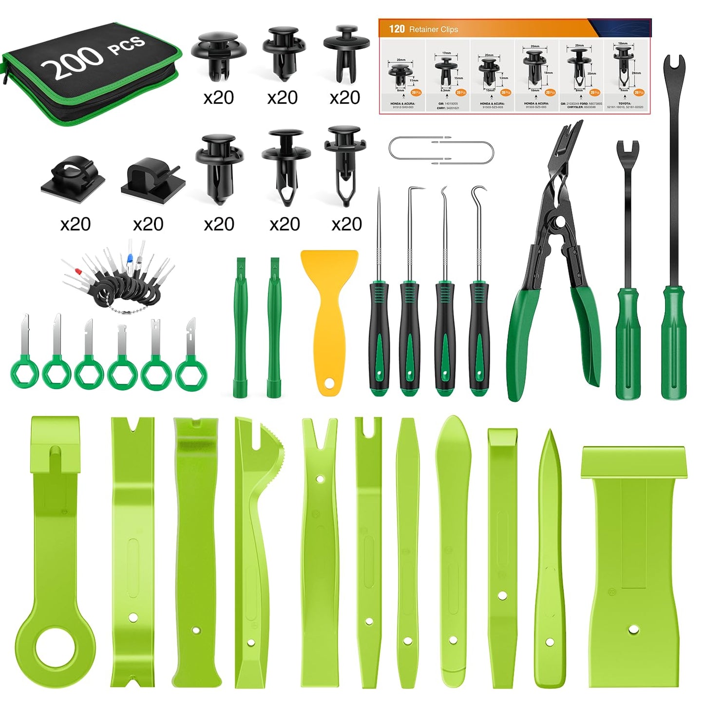 GOOACC 200Pcs Trim Removal Tool, Auto Push Pin Bumper Retainer Clip Set Fastener Terminal Remover Tool Adhesive Cable Clips Round Handle Crowbar Kit Car Panel Radio Removal Auto Clip Pliers, Yellow