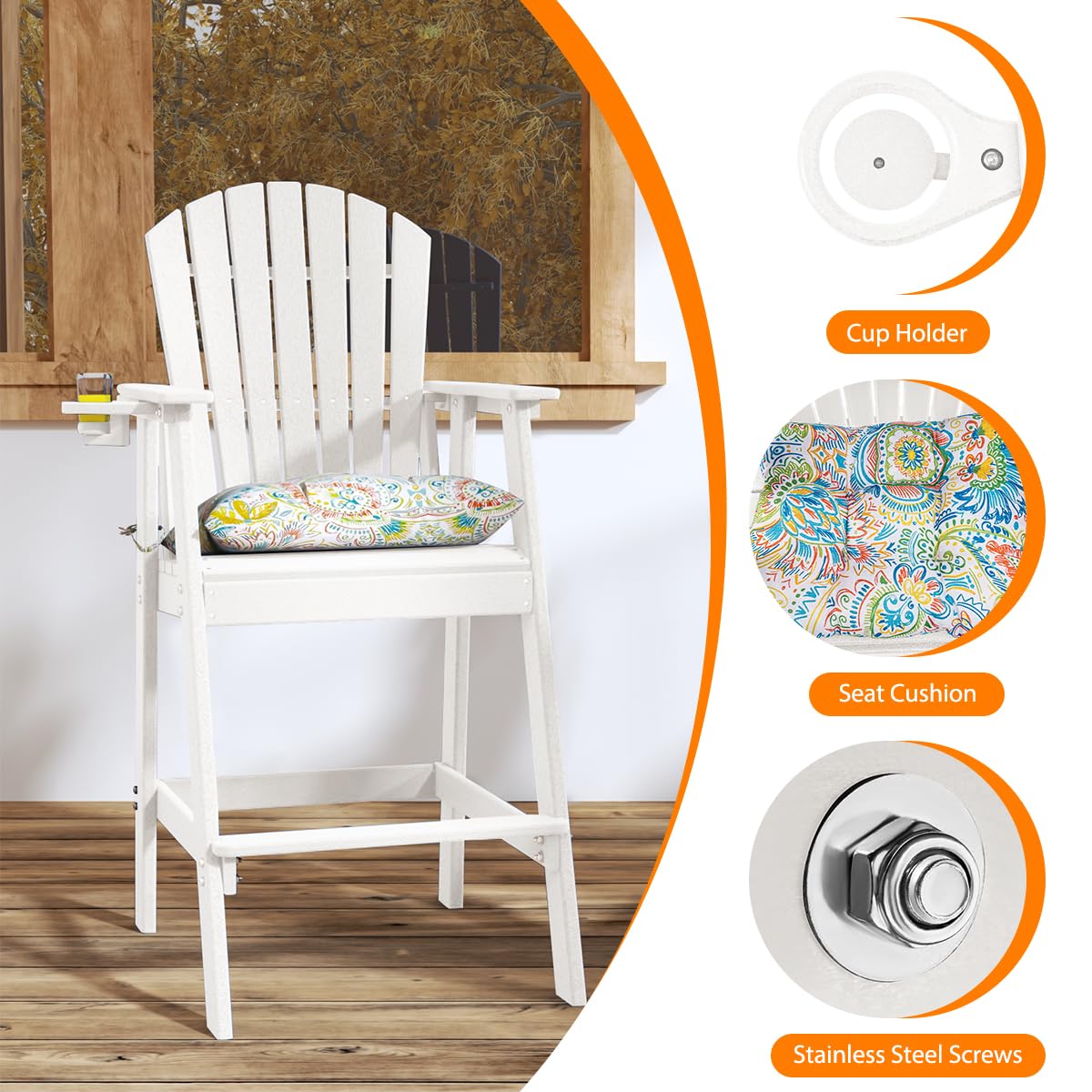 Sundale Outdoor Tall Adirondack Chairs Set of 2, 30 Inch Seat Height Patio Adirondack Bar Stools, HDPE Pub Chairs with Backrest, Tall Bistro Dining Counter Stool with Cushion, All-Weather, White