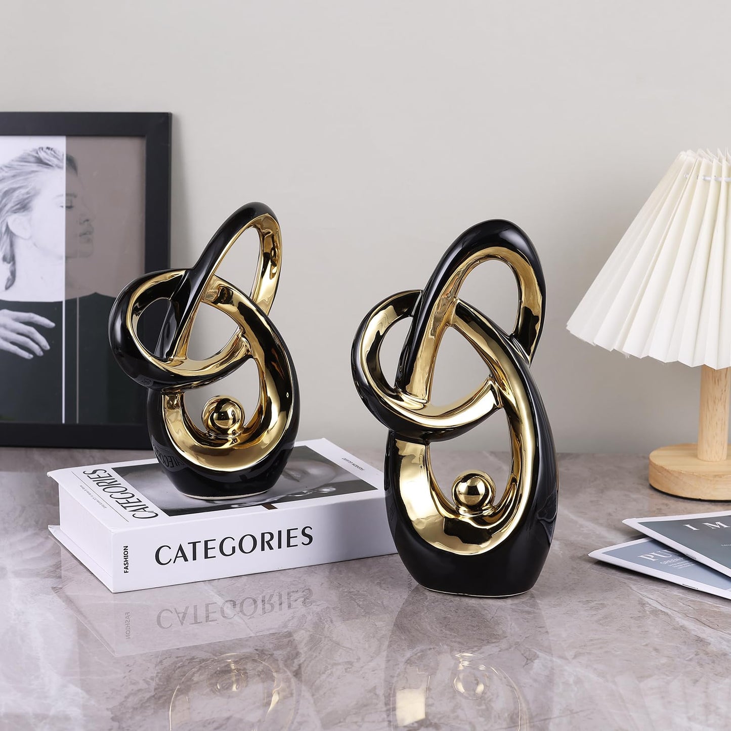 LINYTHER Black and Gold Decor Desk Sculpture Home Decor Large, Abstract Modern Art Gold Knot Knick Knacks for Shelves, Coffee Table Dining Table, Mantle Cabinet TV Stand Christmas Centerpiece