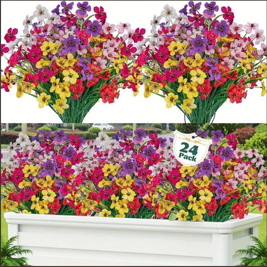 24 Bundles Artificial Flowers for Outdoor, UV Resistant Faux Artificial Plants No Fade Fake Plastic Flowers for Decoration Indoor Outside Garden Porch Window Box Home Wedding Farmhouse-6 Mix Color