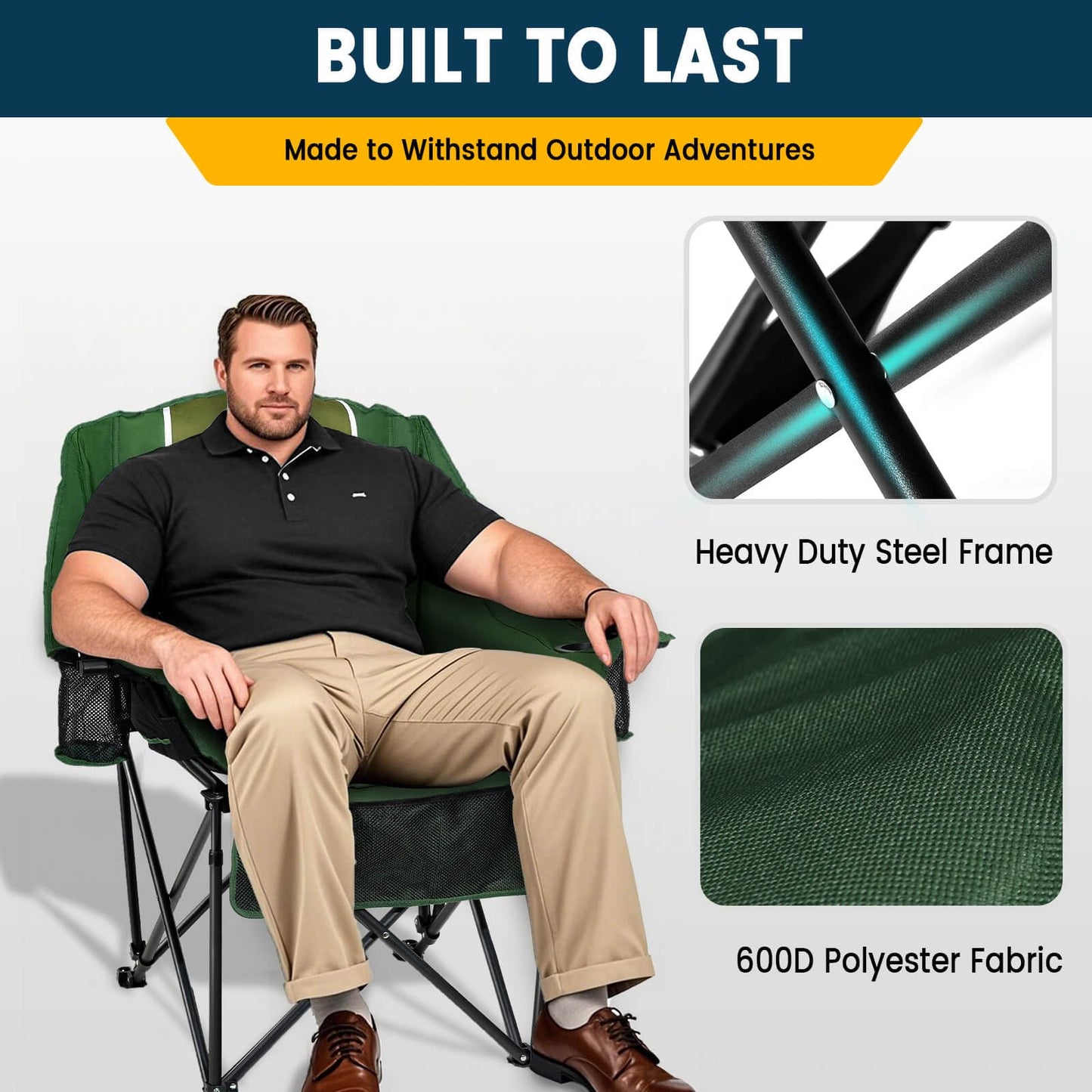 USKAU Oversized Camping Chair for Large Adults Heavy Duty 400 lbs Capacity, Comfortable Padded Folding Lawn Chair with Back & Headrest Support and Cup Holder, Portable Outdoor Chair with Carry Bag