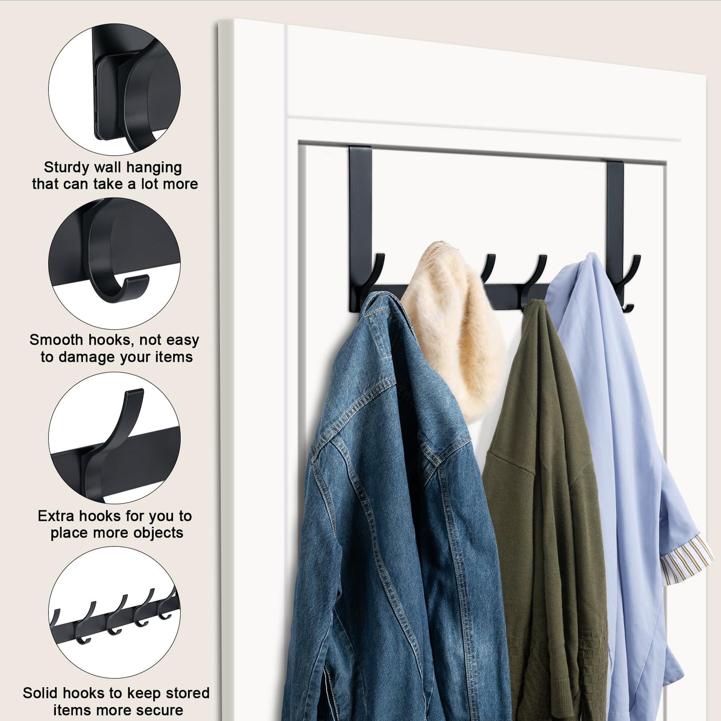 BOOMIBOO Over The Door Hooks, Sturdy Door Hanger, Towel Rack Towel Hooks for Bathroom 12 Hooks Large Over The Door for Bathroom, Bedroom，Kitchen