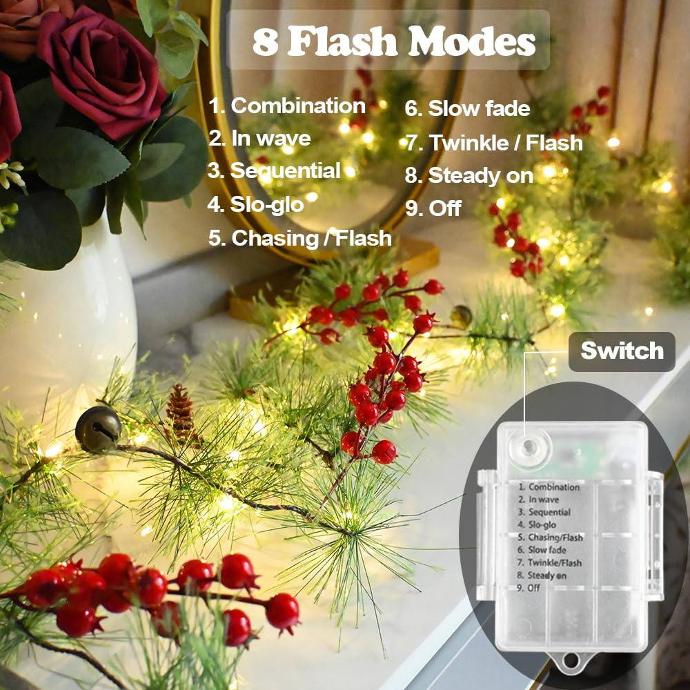 HamiFinee Christmas Garland with LED Fairy Lights Battery Operated Smokey Pine Garlands with 8 Flash Modes and Timer Red Berries Bells Pine Cones Green Garland Rustic Garlands for Xmas Holiday Home