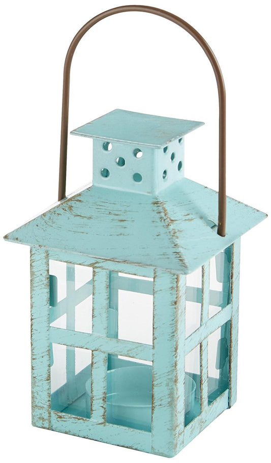 Kate Aspen, Distressed Metal Vintage Decorative Mini Lantern, Centerpiece, Party Favor, 2.5 x 2.5 x 6.5, Blue