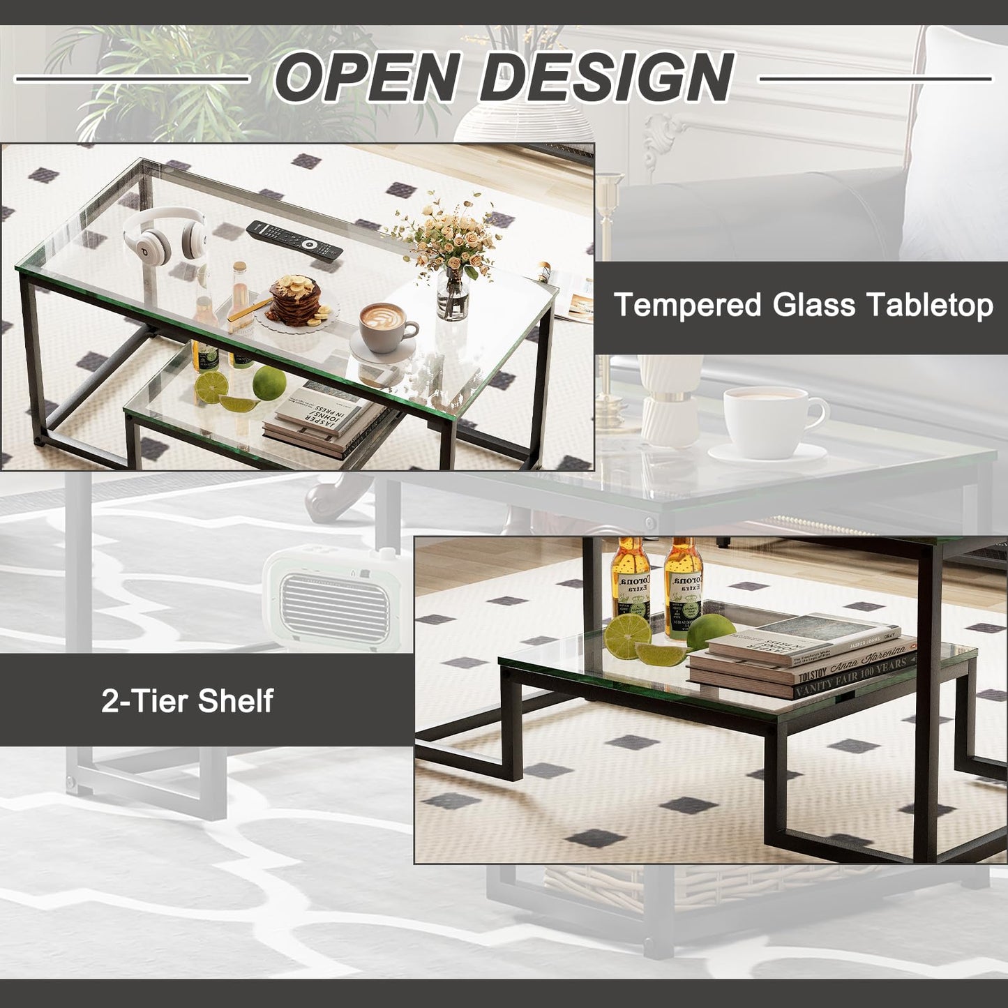 Wolawu Coffee Table Black Glass Coffee Table for Living Room,2 Tiers Rectangle Center Table with Sturdy Metal Frame,Modern Tempered Glass Accent Table for Bedroom Home Office