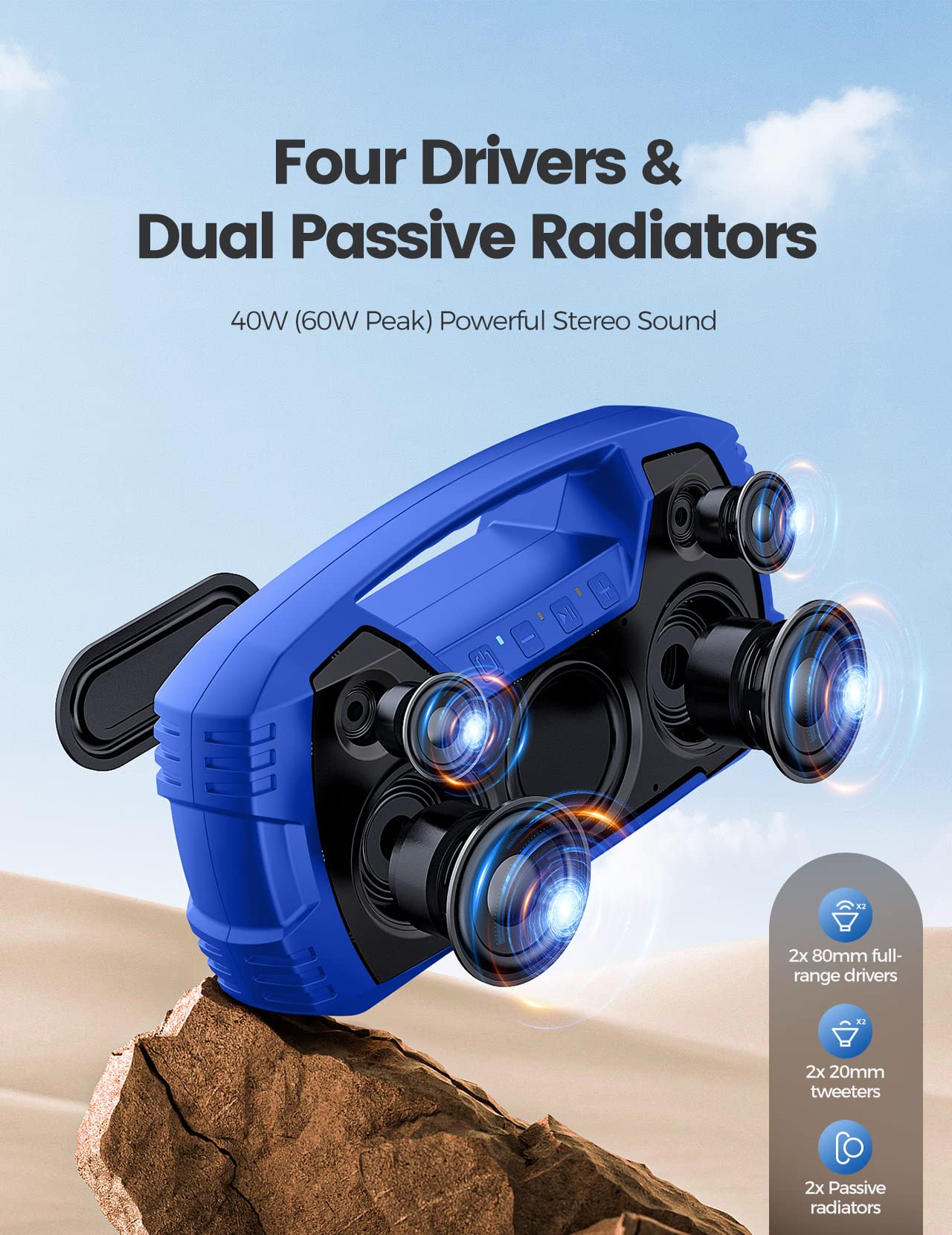 Houl Zallee IPX7 Waterproof Bluetooth Speaker, 40W (60W Peak) Portable Wireless Speakers, 32H Playtime, Stereo Loud Sound, Deep Bass, Bluetooth 5.0, Built-in Mic for Camping, Party, Gifts, Beach-Blue