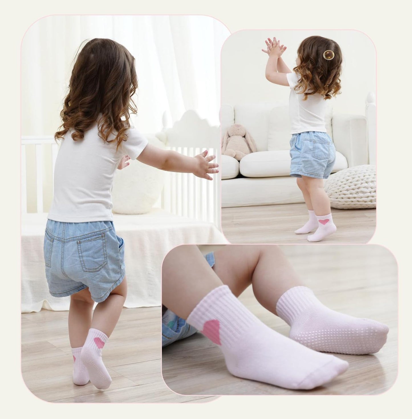 Wamvp Toddler Grip Socks with Non-Slip, Unisex Baby Retro Stripe Seamless Crew Ankle Cotton Socks for Girls Boys 6 Pairs,Pink 1-3T