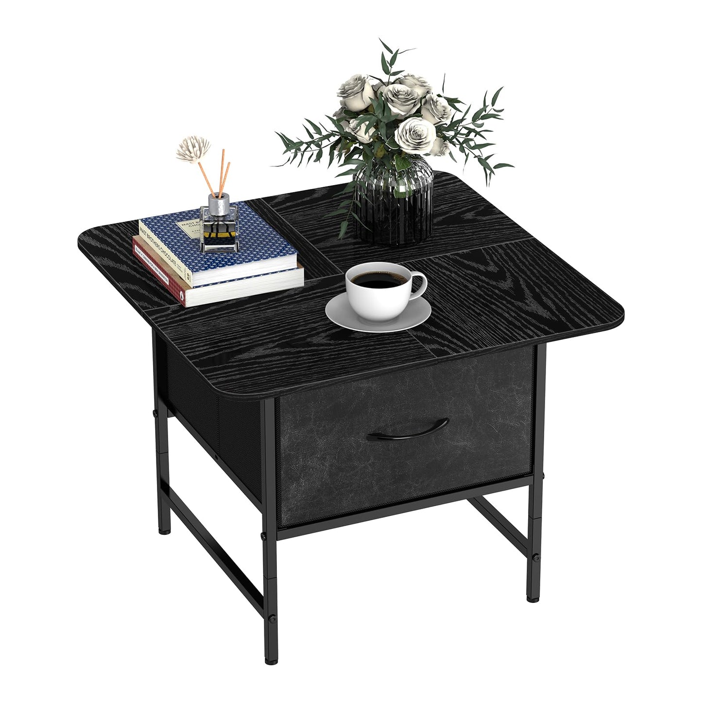 Shinoske Square Coffee Table with Storage Drawer,Small Black Coffee Tables for Living Room,2-Tier Farmhouse Center Table with Round Corners for Small Space,Apartment,Office