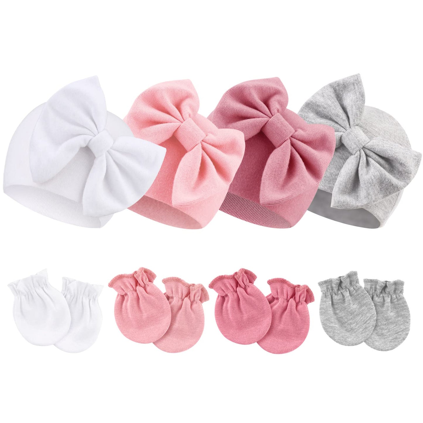 Newborn Baby Hats and Mittens Set Infant Bow Beanie Cap Toddler Gloves Newborn Hospital Hats for Baby Boy Girl 0-6 Months