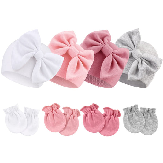 Newborn Baby Hats and Mittens Set Infant Bow Beanie Cap Toddler Gloves Newborn Hospital Hats for Baby Boy Girl 0-6 Months