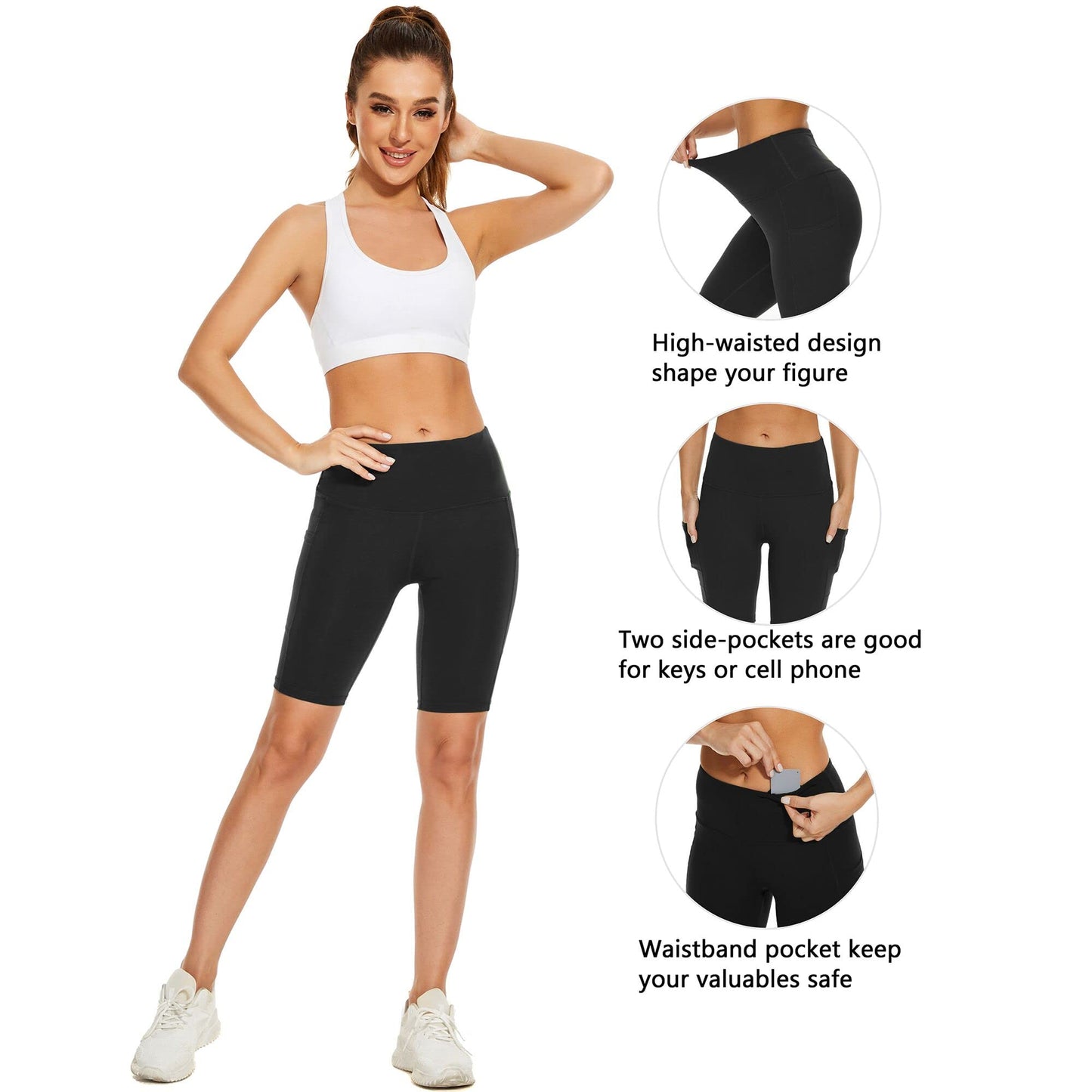 Custer's Night Biker Shorts Women High Waist Out Pocket Yoga Short Tummy Control Workout Running 4 Way Stretch Yoga Leggings Black L