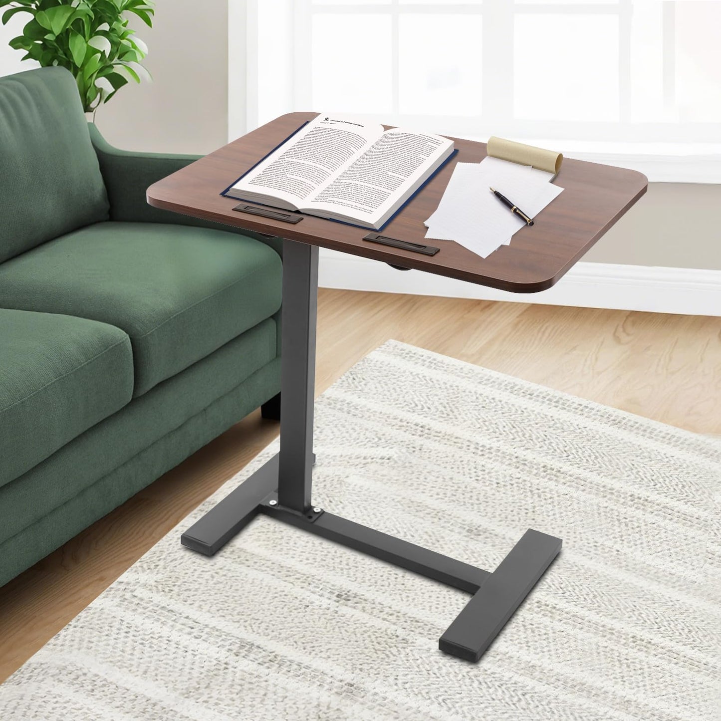 NTNOEA Bedroom C Shaped Side Table, Overbed Table with Wheels Adjustable Height - End Table Living Room Side Table for Laptop, Snack Trays for Eating Coffee Tables for Sofa/Bed/Bathtub (Walnut)