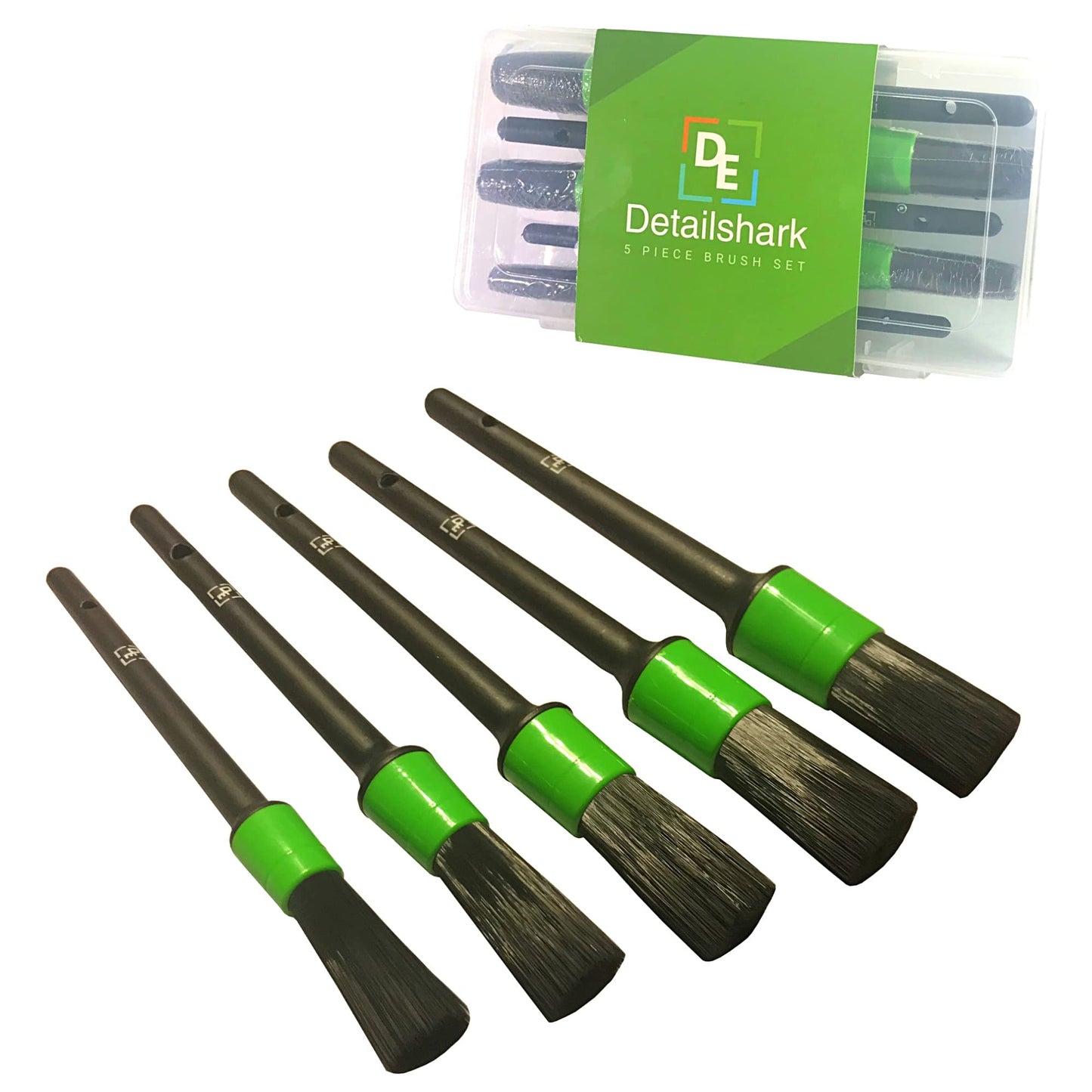 Detailshark Auto Detailing Brush Set (5) Best Car Detailing Brush Kit - Lug Nut/Leather/Wheel/Interior/Seat/Upholstery/Engine Washing - Reliable Brushes - Green