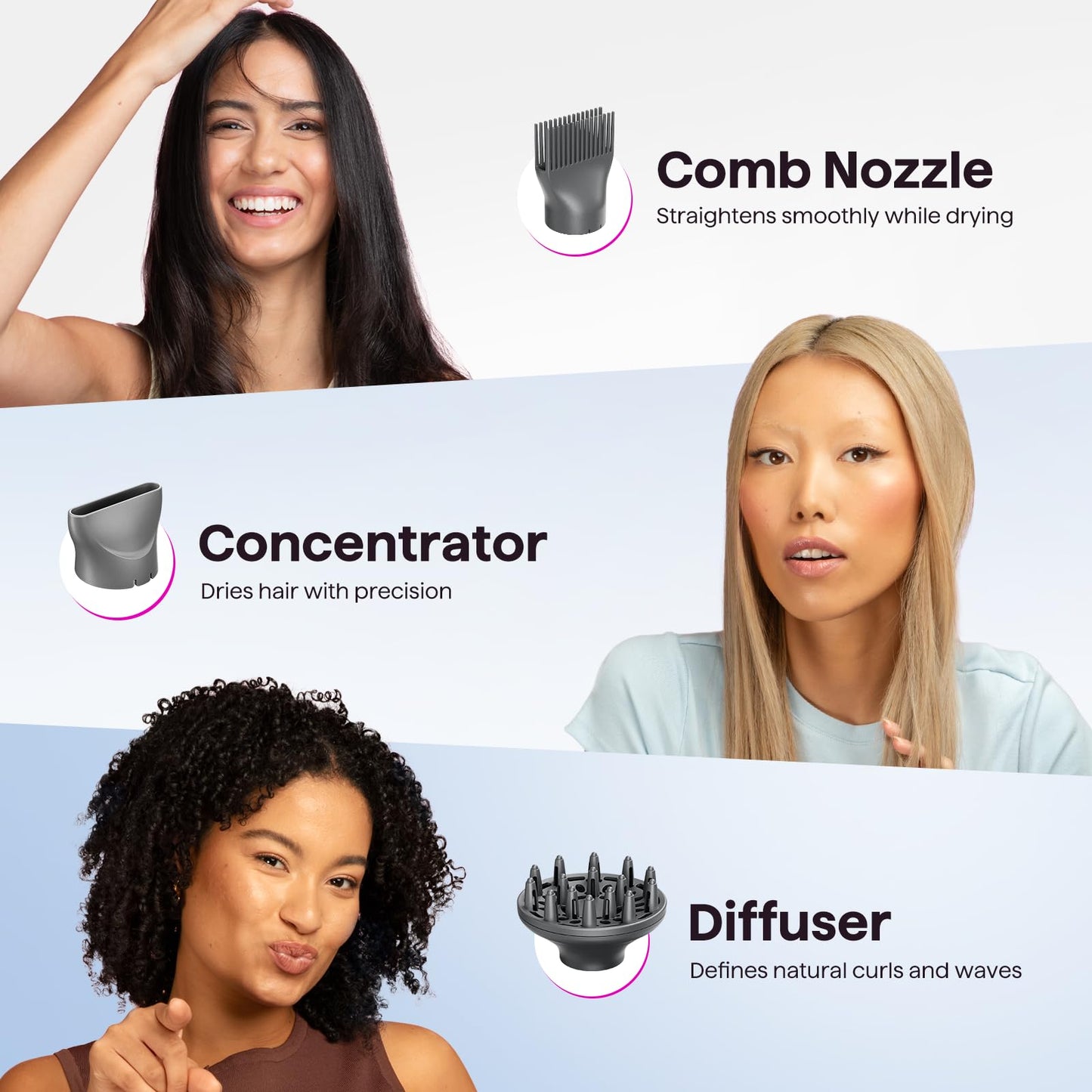 Wavytalk Blow Dryer, Blown Away Ionic Hair Dryer for Curly Hair with Diffuser, 1875W Fast Drying Blow Dryer with Ceramic Technology, 3 Attachments for All Hair Types, Light and Quiet, Grey