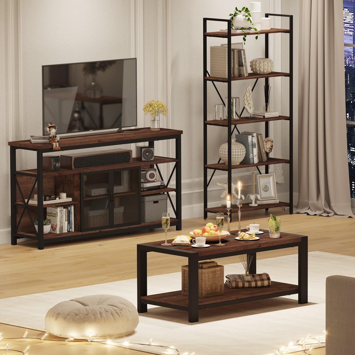 BON AUGURE Coffee Table for Living Room, Industrial Wood and Metal Living Room Tables, Farmhouse Rectangular Center Table (Rustic Oak, 43 Inch)