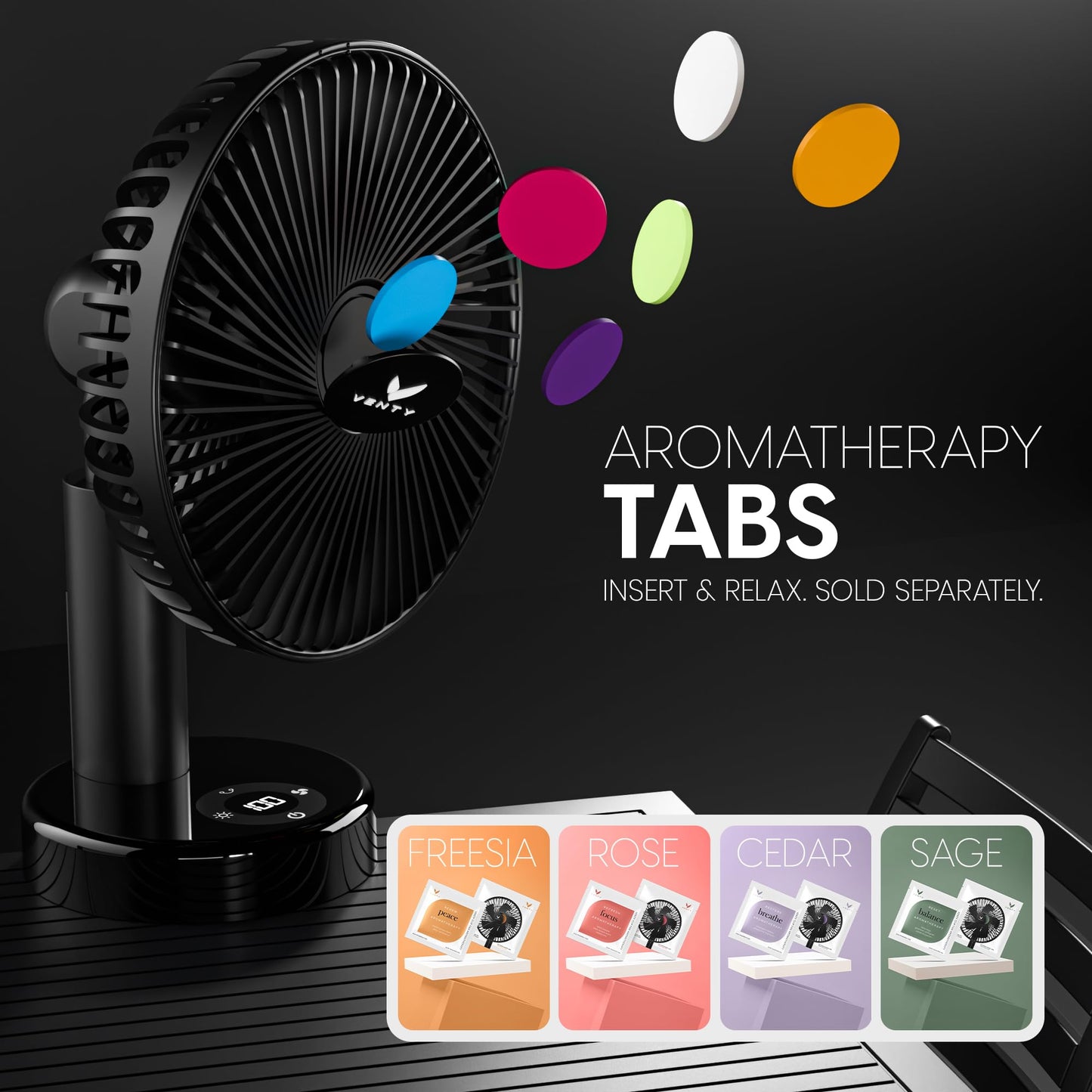 VENTY Portable Clip Fan - Rechargeable 10-Hour Battery Portable Fan - 360° Rotation & 90° Tilt - Stroller, Desk or Bedside - Aromatherapy & LED Light - USB-C Rechargeable Clip On