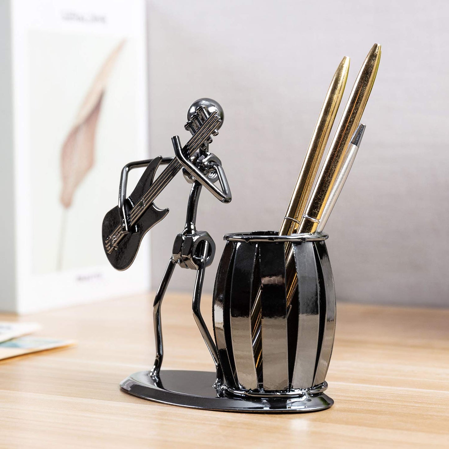 MyGift Decorative Gunmetal Gray Metal Desk Pen Holder Cup with Rocker and Guitar Design, Office Supplies Organizer Pencil Cup