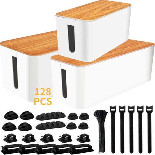 Cable Management Box 3 Pack with 125PCS Cable Management Kit for Power Strip to Hide Wires,Cord Organizer Boxes,Safe ABS Material Wire Organizer of Cable Clips Sleeve for Home & Office
