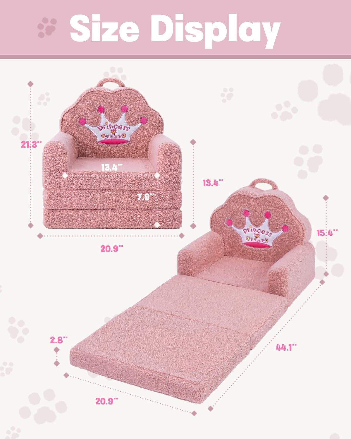 MOONBEEKI Kids Couch, 2-in-1 Convertible Soft Sherpa Fabric, Toddler Chairs Comfy 1-5 Years Old, Cartoon Animal & Crown Design, Toddler Furniture for Bedroom and Playroom, Pink Crown, Medium