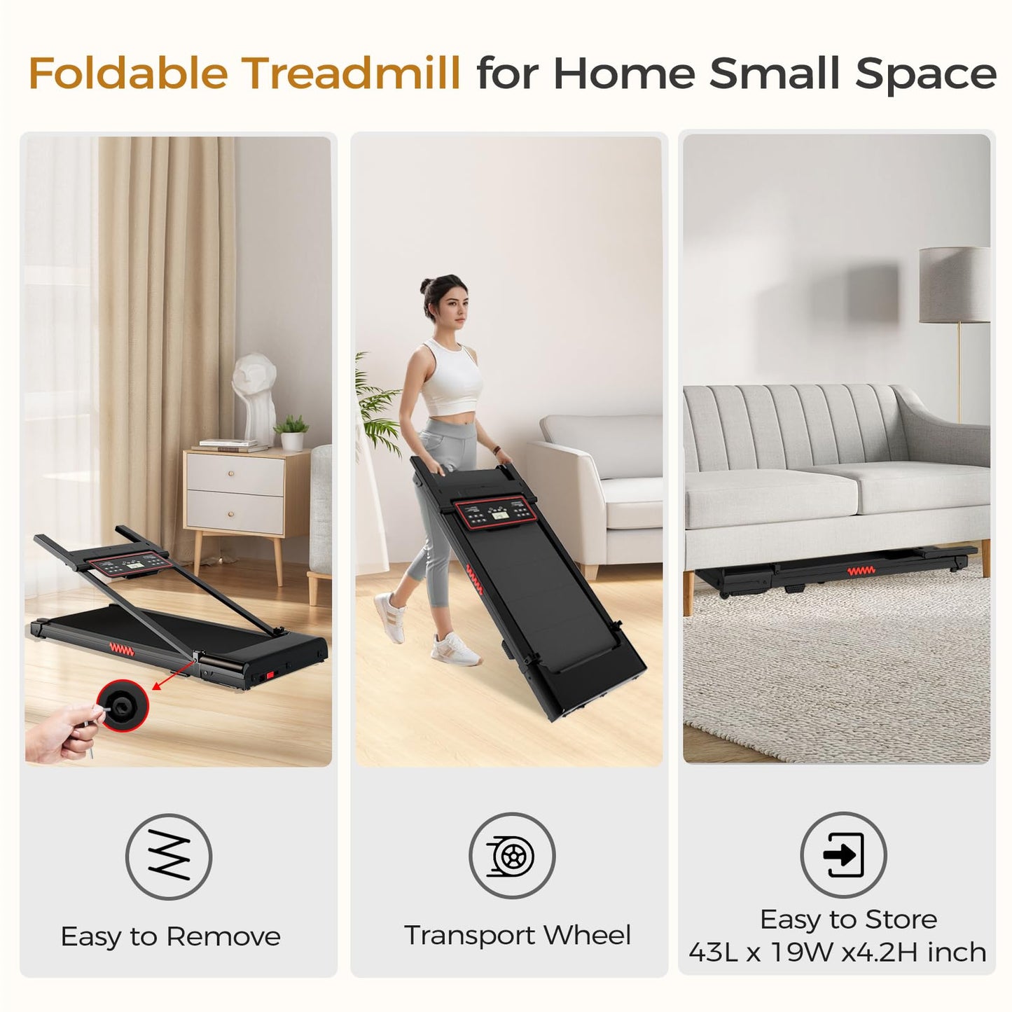 Portable Treadmills for Home, Electric Walking Pad Treadmill with 12 Preset Programs, 3.0HP Treadmill with Handle for Small Home, Waking Pad,Compact Running Treadmills with 320LBS Capacity(Black)