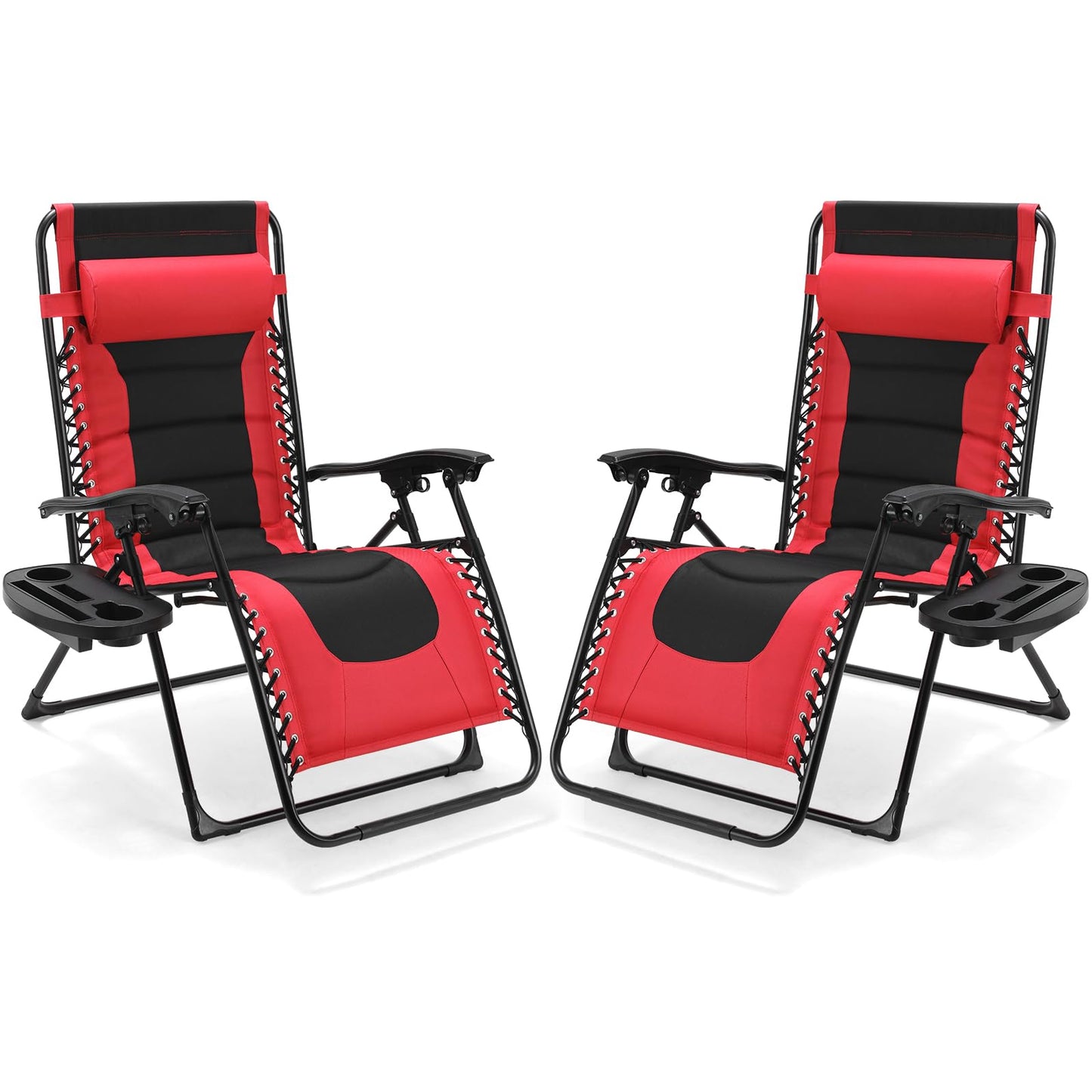 TLSUNNY Oversized Padded Zero Gravity Chair Set of 2, Folding Outdoor Patio Recliner, 24.2" Wide Seat Lounger W/Detachable Pillow & Holder Tray, Patio Furniture for Garden, 350LBS (Black/Burgundy)