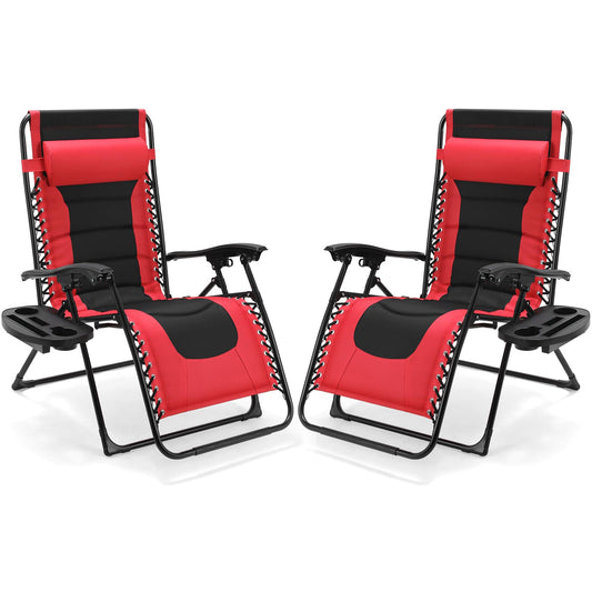 TLSUNNY Oversized Padded Zero Gravity Chair Set of 2, Folding Outdoor Patio Recliner, 24.2" Wide Seat Lounger W/Detachable Pillow & Holder Tray, Patio Furniture for Garden, 350LBS (Black/Burgundy)