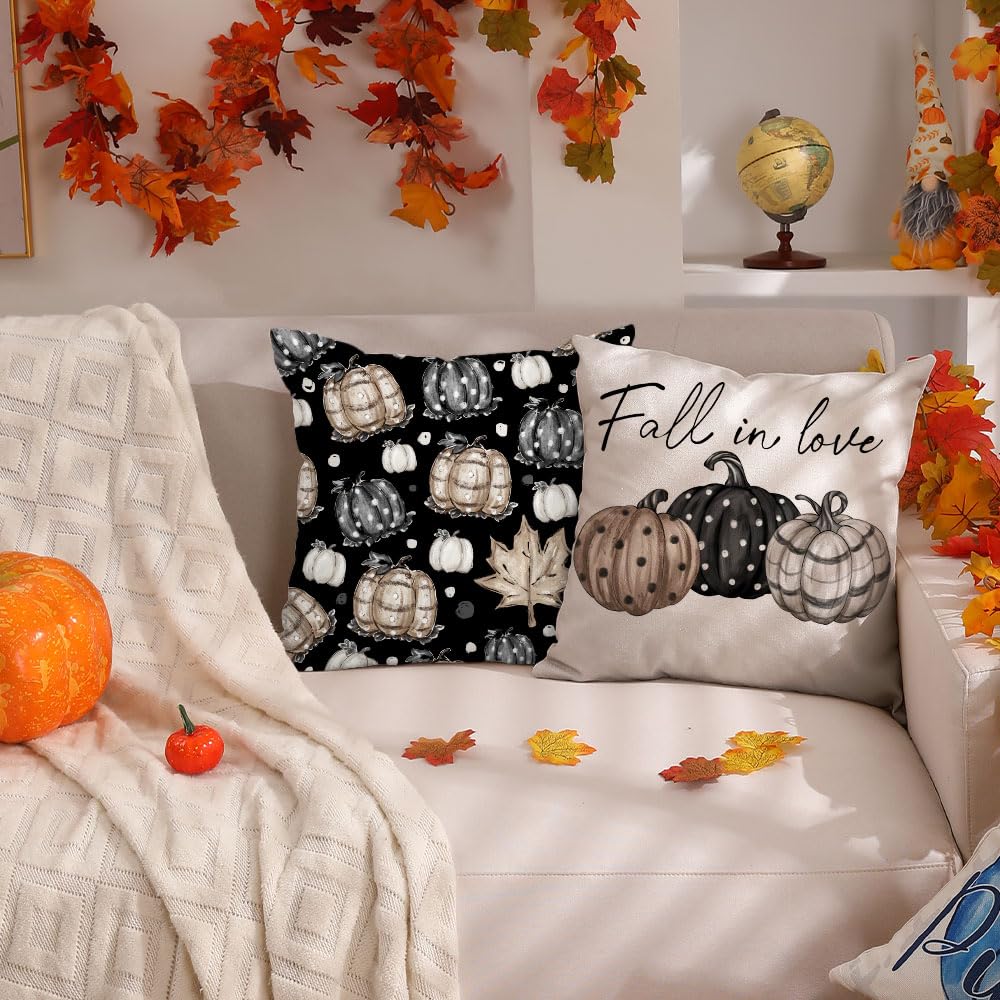 DFXSZ Fall Pillow Covers 18x18 inch Set of 4 Fall Decorational Various Styles of Pumpkin Fallen Leaves Decorative Black Autumn Outdoor Pillowcases Thanksgiving Decoration for Home Couch 211B18