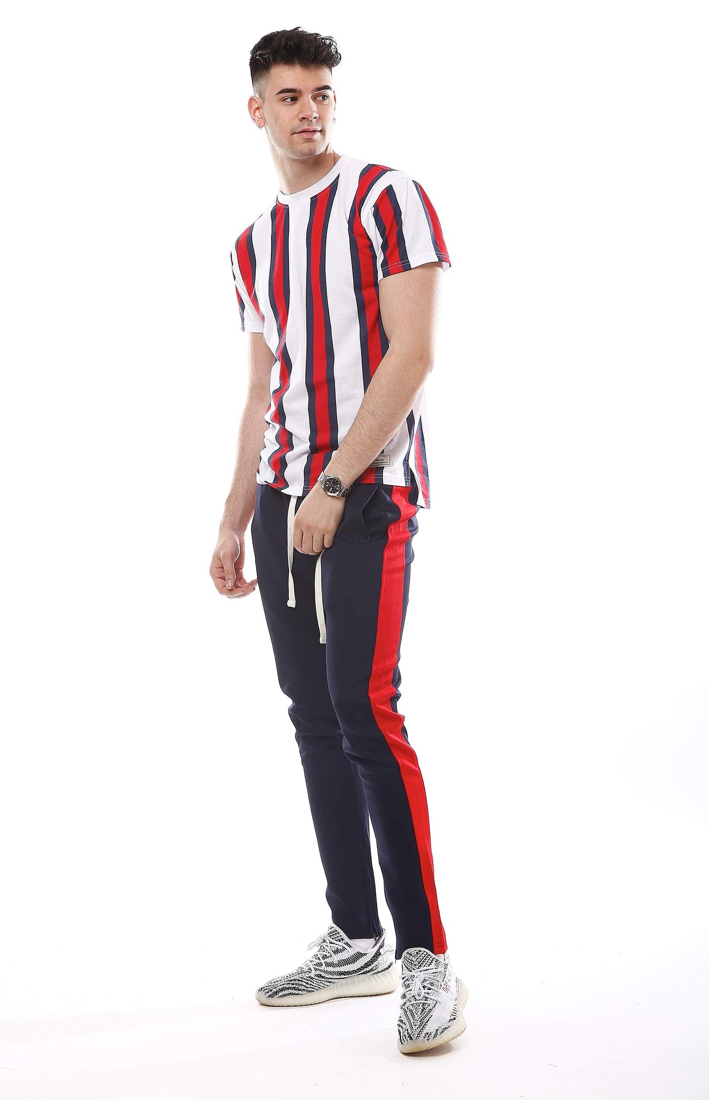 SCREENSHOTBRAND-S11904 Mens Hipster Hip-Hop Premium Tee - Luxury Longline Vertical Stripe Print T-Shirt-White/Stripe-Large