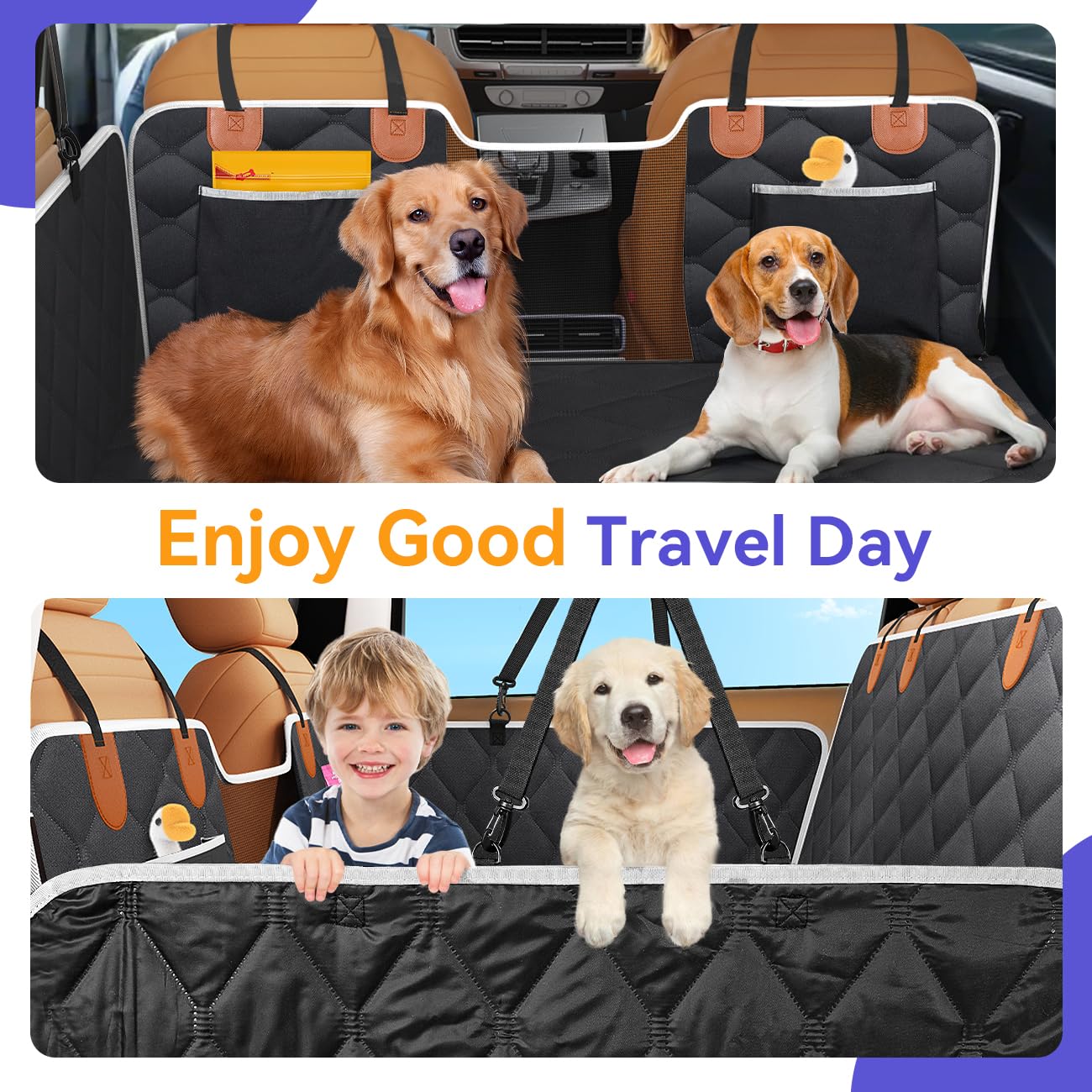 Pawaboo Dog Car Seat for Small Medium Large Dogs, Back Seat Extender for Dogs, Foldable Non-Slip Hard Bottom Pet Carseat, Hammock for Pet, All-Around Protection and Strong Support, Dark Black