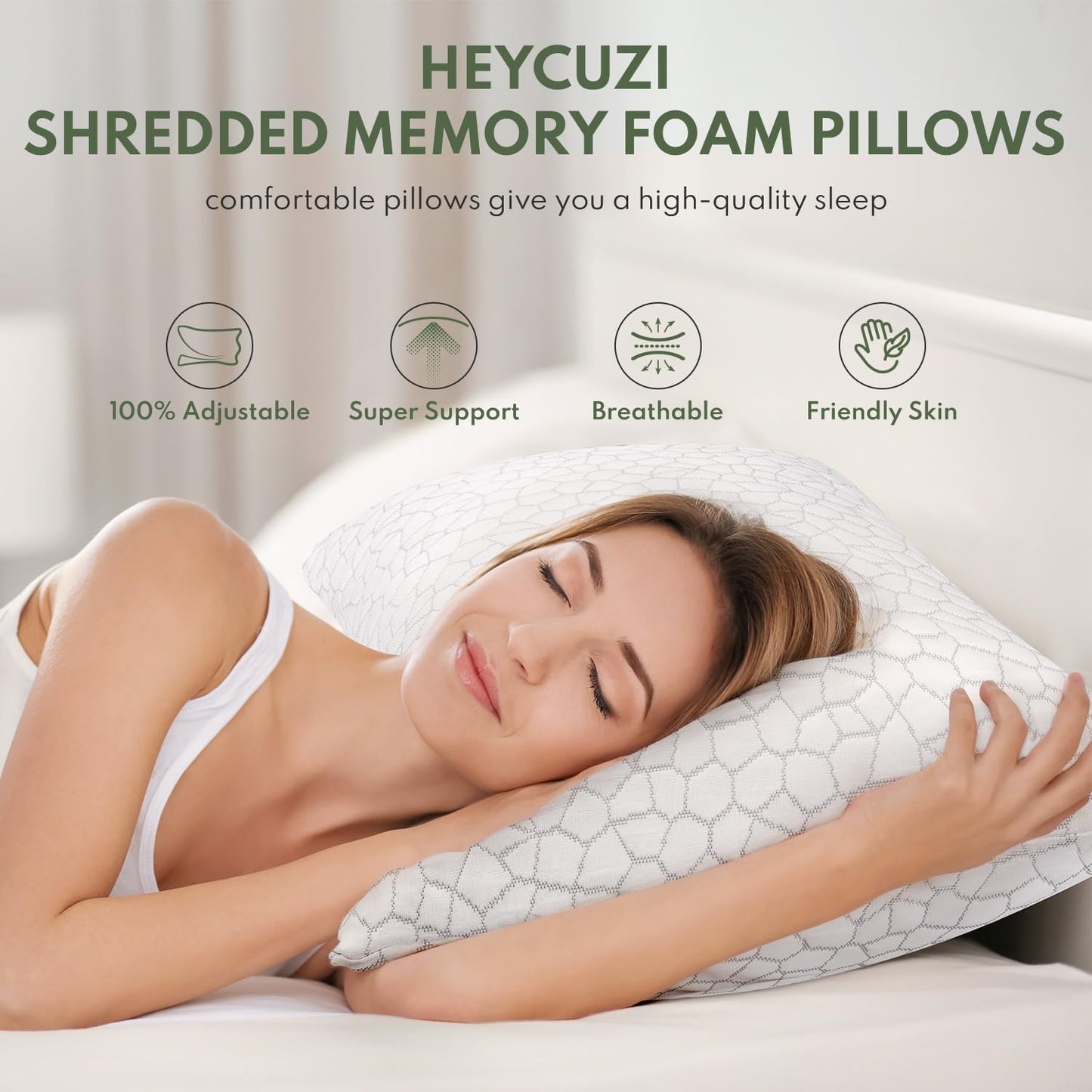 HEYCUZI Cooling Pillows Queen Size Set of 2 - Shredded Memory Foam Pillow for Sleeping 2 Pack, Adjustable Cool Bed Pillows for Side, Back, and Stomach Sleepers, Gel Pillow Washable Removable Cover
