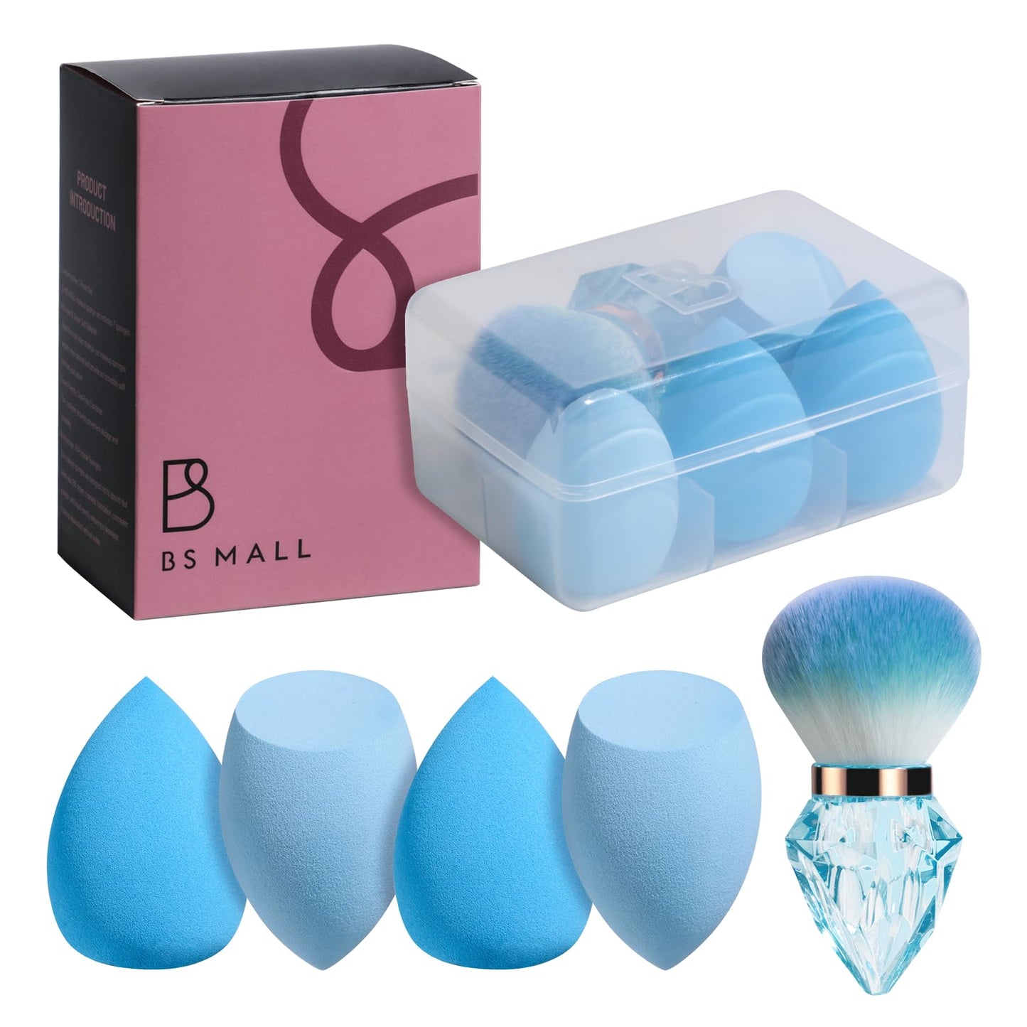 Makeup Sponge Set Kabuki Brush BS-MALL 5 Pcs for Liquid, Cream, and Powder, Multi-colored Makeup Sponges and Travel Powder Diamond Brush with Case