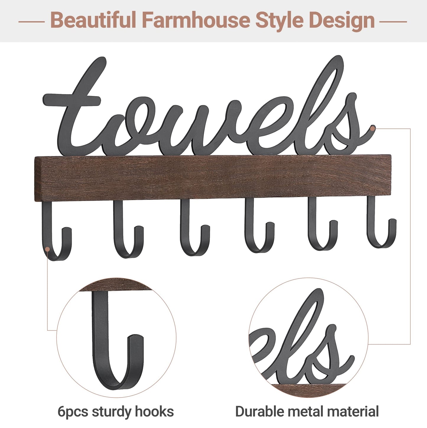 Dahey Towel Rack with 6 Hooks, Towel Holder Wall Mount Bathroom Organizer Rustic Farmhouse Home Decor Hanger Storage Hooks for Towel, Robe, Bag, Black