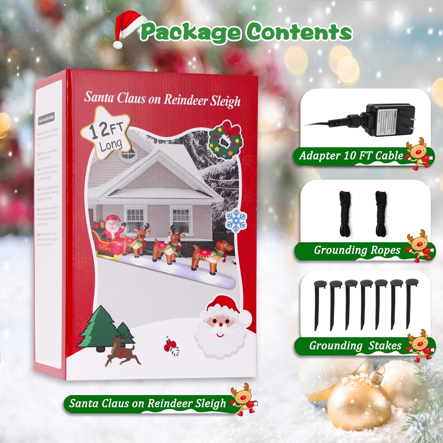 12FT Long Christmas Inflatables Santa Claus on Sleigh with 3 Reindeer Yard Decoration, Cute Blow Up Santa Xmas Decor with Bright LED Lights for Outdoor Garden Lawn Home Holiday Party