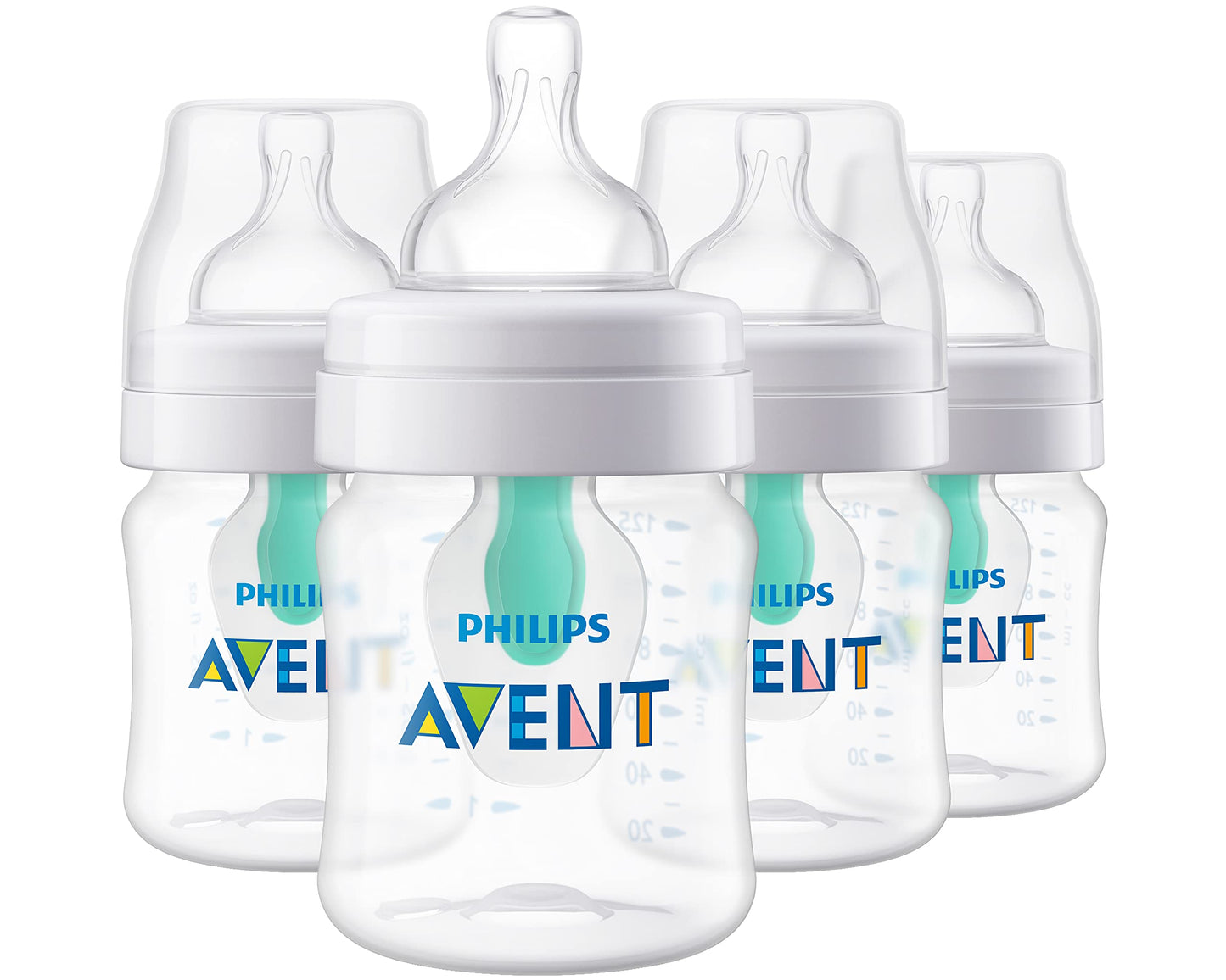 Philips Avent Anti-Colic Baby Bottle with AirFree Vent, 9oz, with Flow 2 Nipples, 1m+, 4pk, Clear, SCY703/04