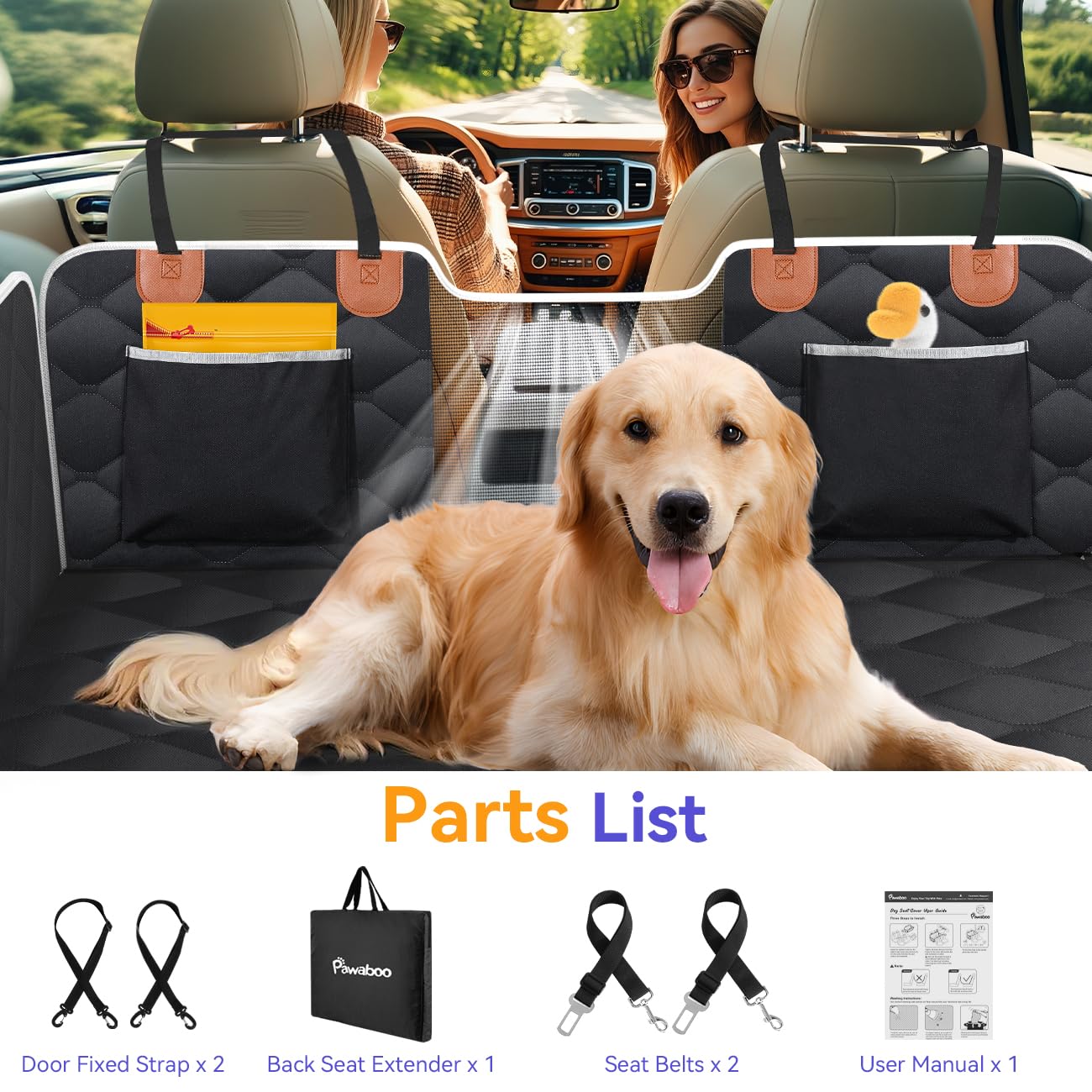 Pawaboo Dog Car Seat for Small Medium Large Dogs, Back Seat Extender for Dogs, Foldable Non-Slip Hard Bottom Pet Carseat, Hammock for Pet, All-Around Protection and Strong Support, Dark Black
