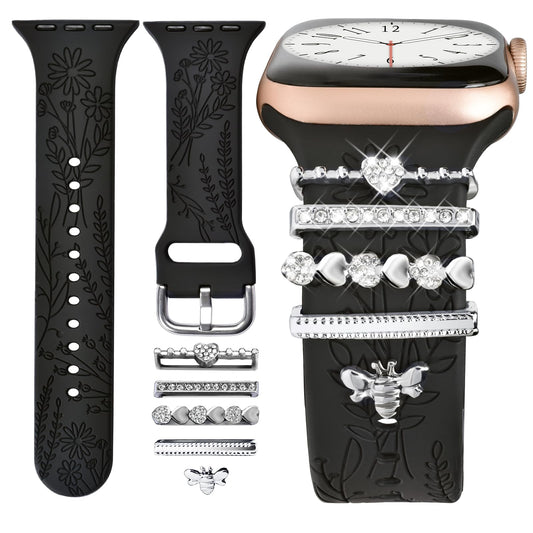 ORATYFAN Watch Band Charms (Band Included), Compatible with Apple Watch Band 38mm 40mm 41mm, Floral Engraved Silicone Straps & Decorative Rings Accessories for iWatch Series se 10 9 8 7 6 5 4 3 2 1