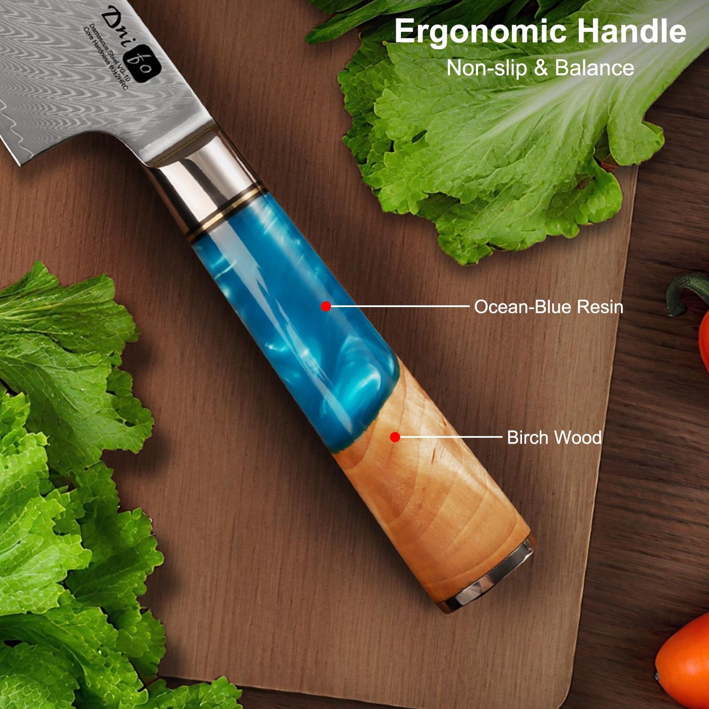 Dnifo Chef Knife 8 Inch, Damascus VG-10 Steel Sharp Japanese Kitchen Knife with Gift Box and Resin Wood Handle, Ideal Gift for Men and Women