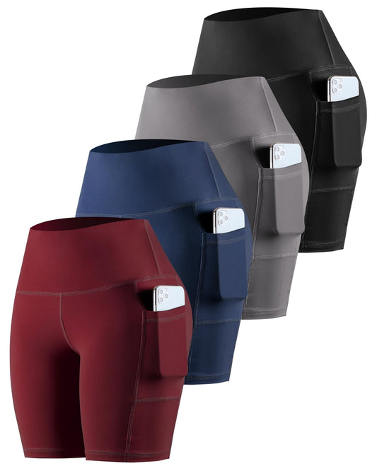 CHRLEISURE Womens Biker Yoga Shorts with Pockets: High Waisted Tummy Control Spandex Workout Athletic Gym Shorts 4 Packs(8'' Black,Gray,Navy,Wine, L)