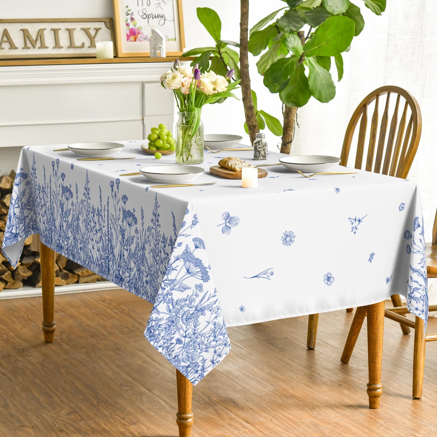 Horaldaily Spring Summer Tablecloth 60×84 Inch Rectangular, Wild Flowers Floral Blue Washable Seasonal Table Cover for Party Picnic Dinner Decor