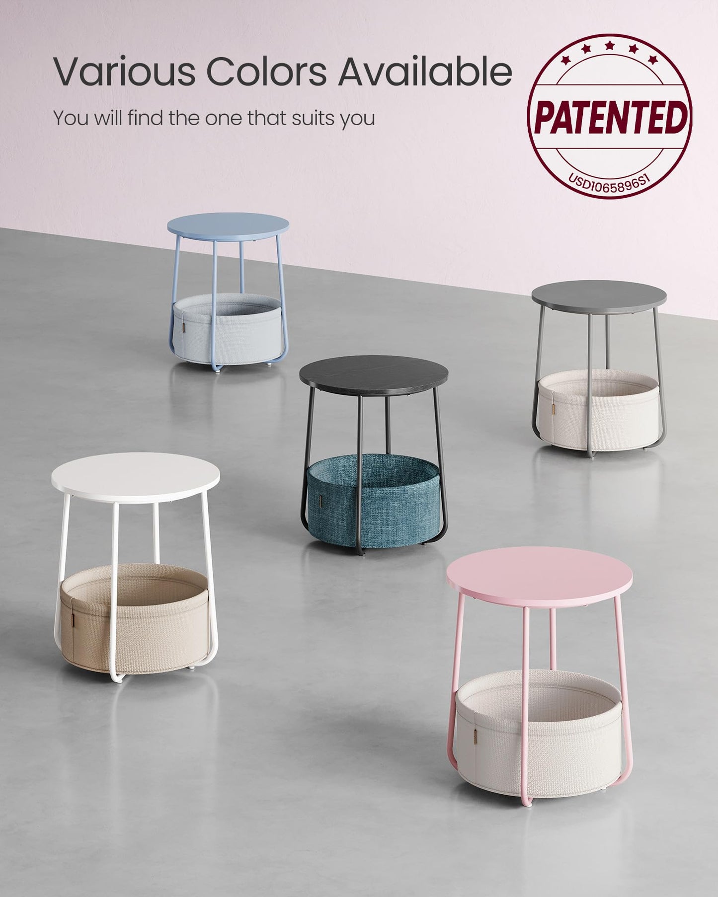 VASAGLE Small Round Side End Table, Modern Nightstand with Fabric Basket, Jelly Pink and Cream White ULET223R61