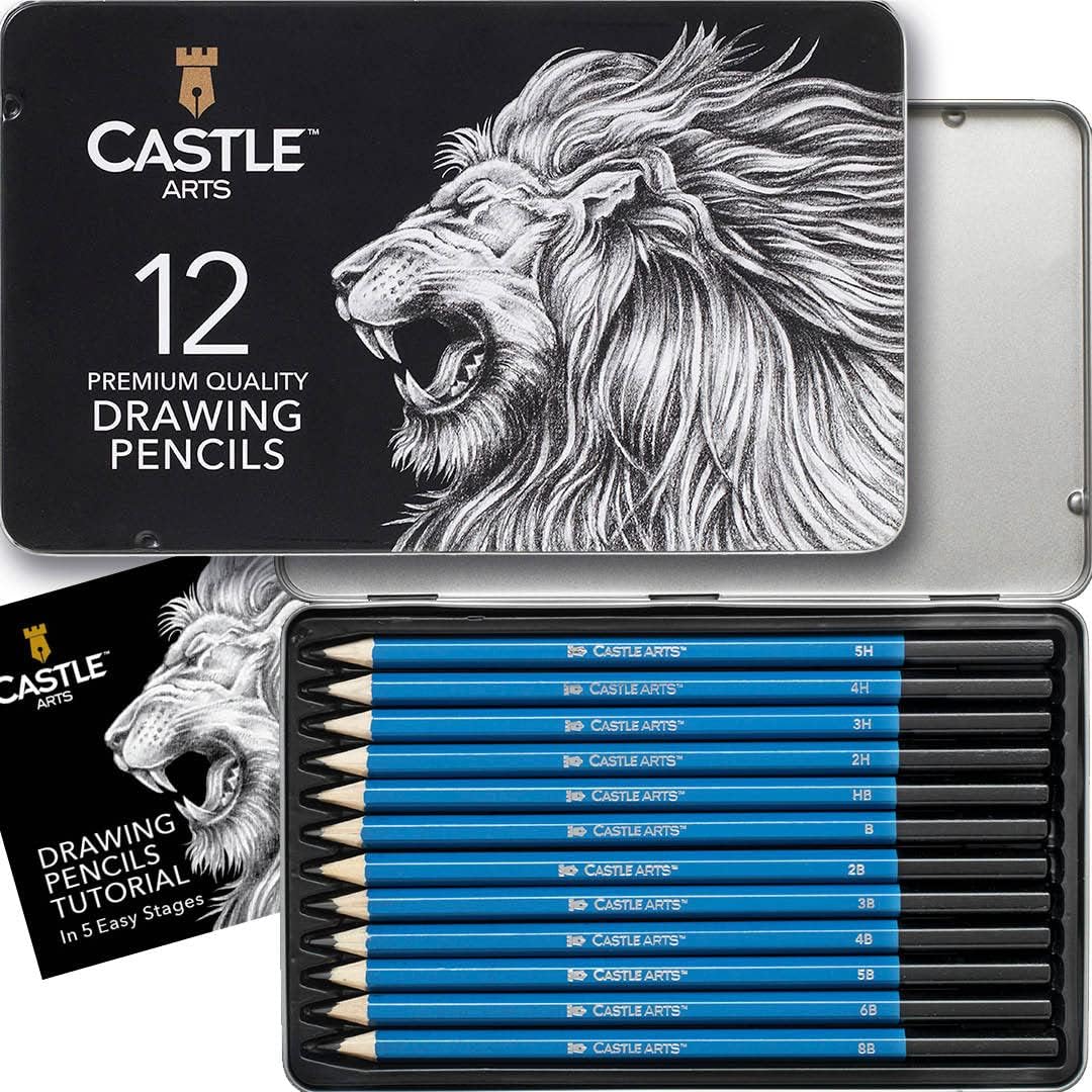 Castle Art Supplies 12 Piece Graphite Drawing Pencils Kit | for Adult Artists – Beginners and Advanced | Presented in Attractive, Compact, Sturdy Metal Case with Tutorial